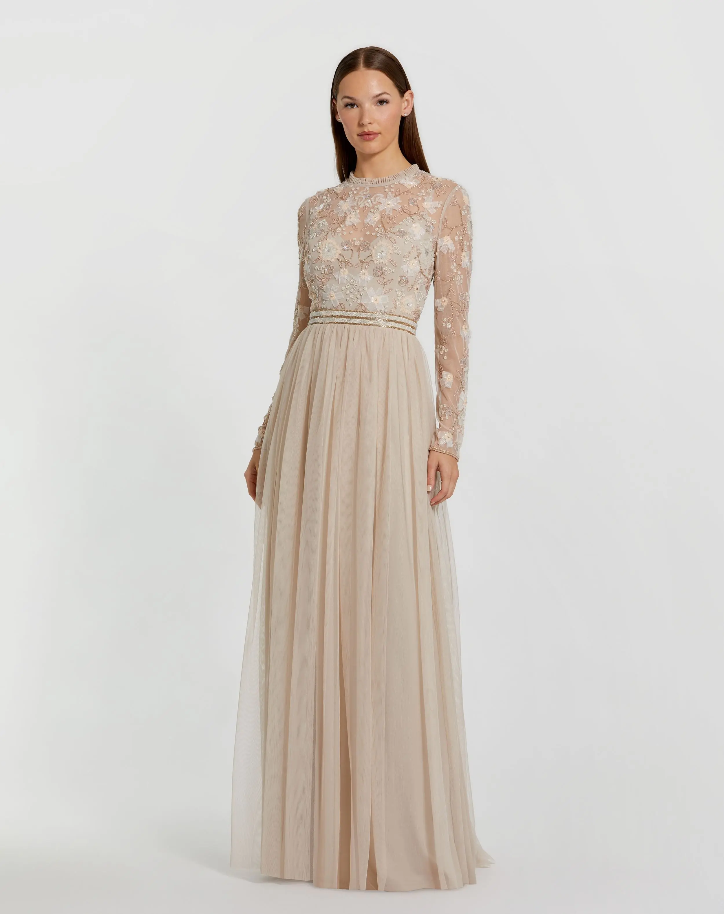 Beige Embellished Illusion High Neck Long Sleeve Gown
