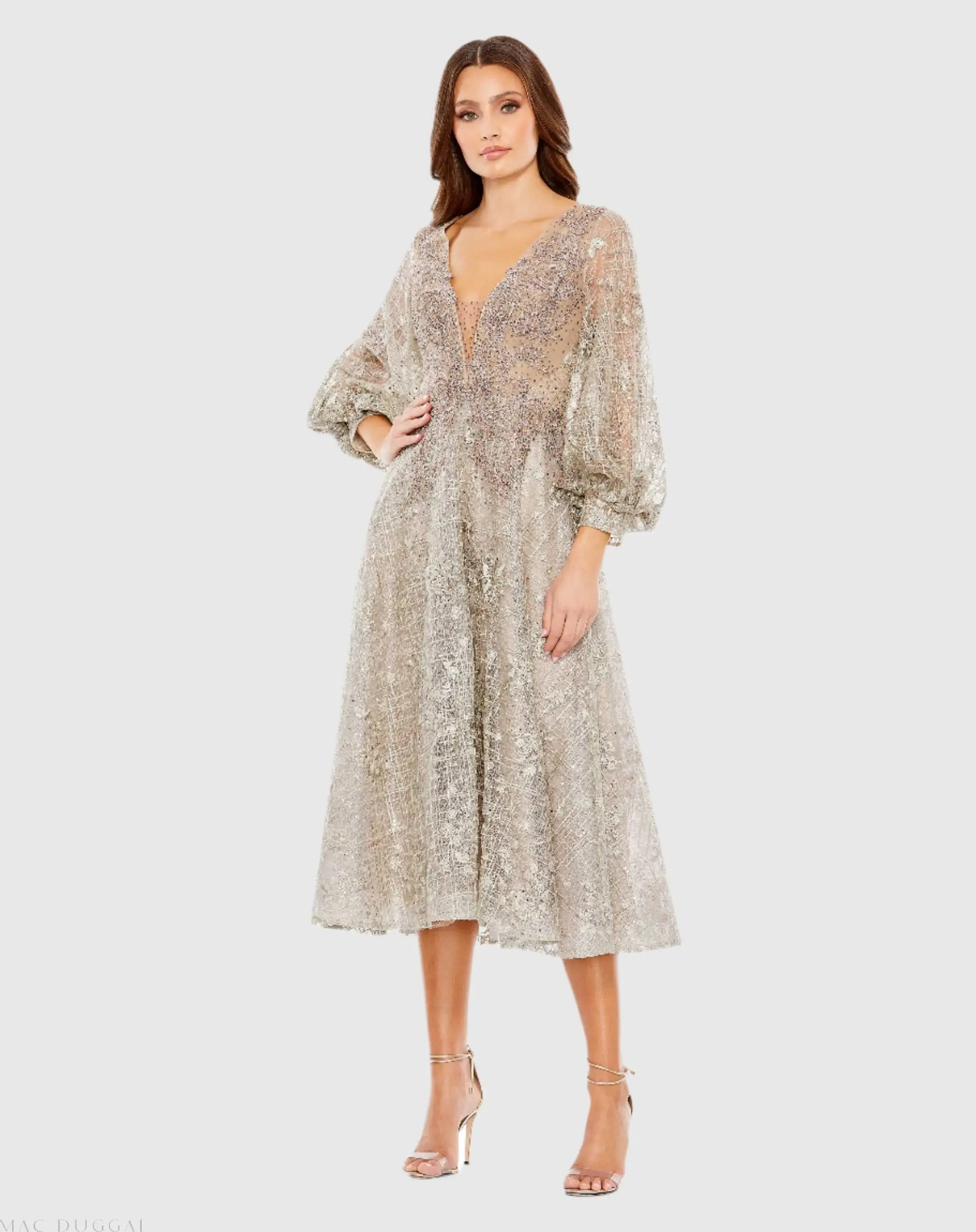 Embellished Plunge Neck Bishop Sleeve Dress - Image 2