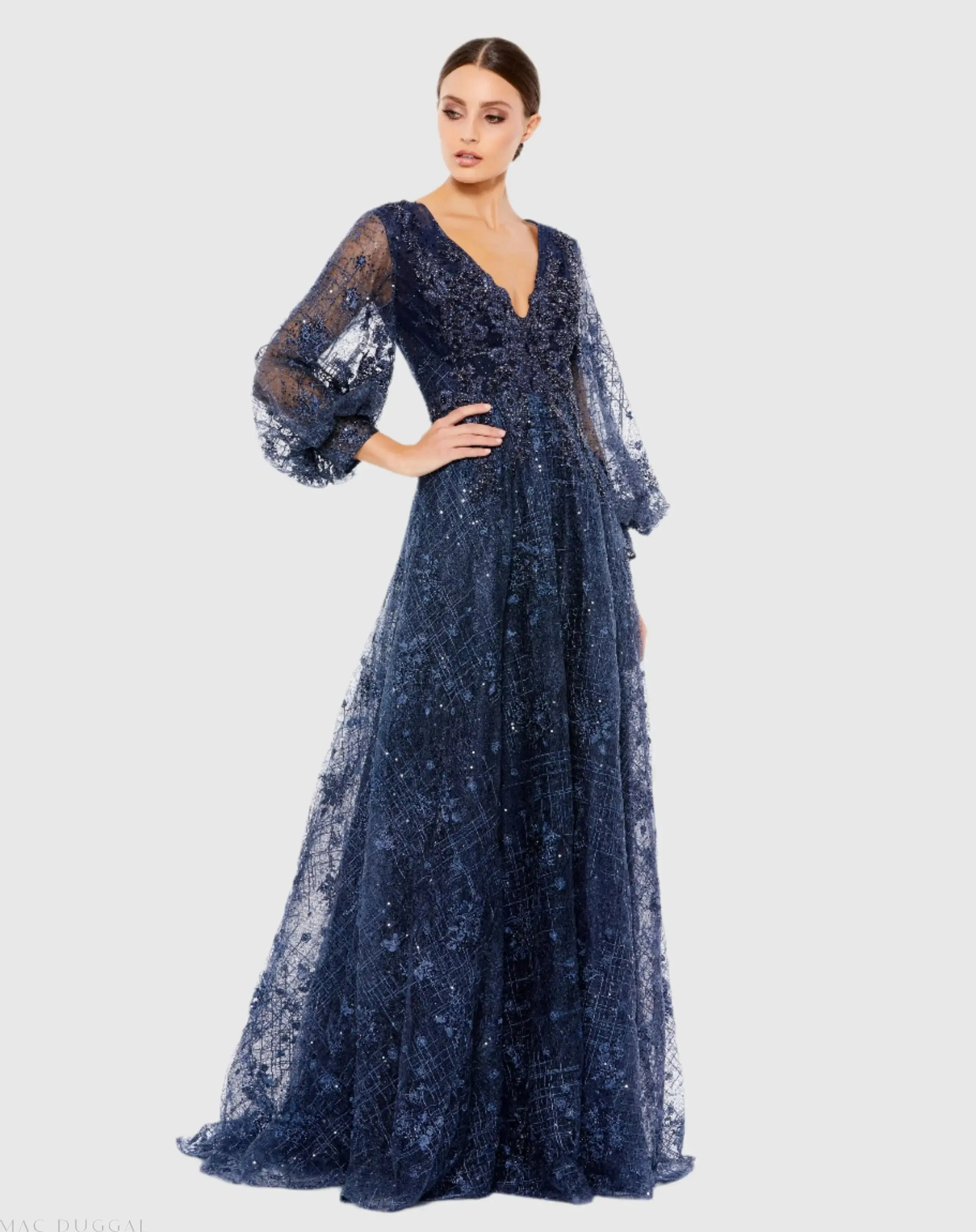 Embellished Plunge Neck Puff Sleeve A Line Gown - Image 2