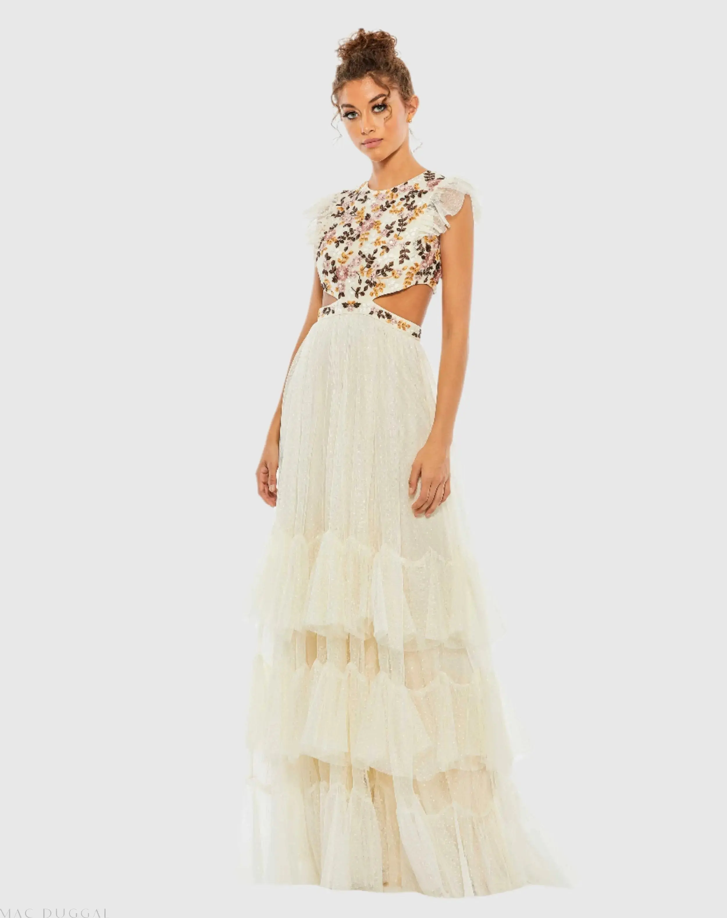Embroidered Bodice Cap Sleeve Ruffle Tiered Gown - Image 2