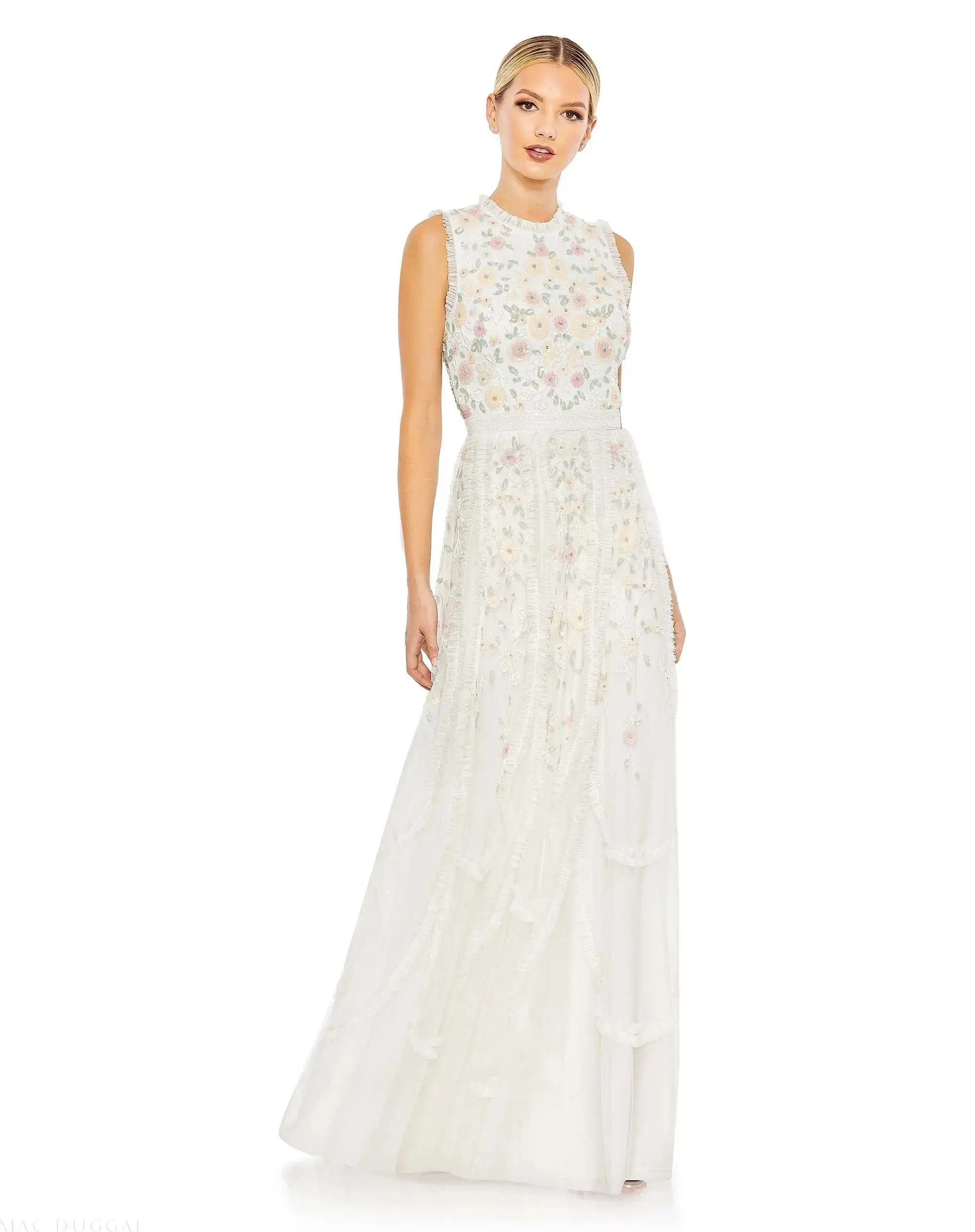 Embroidered High Neck Sleeveless Ruffled Gown - Image 2
