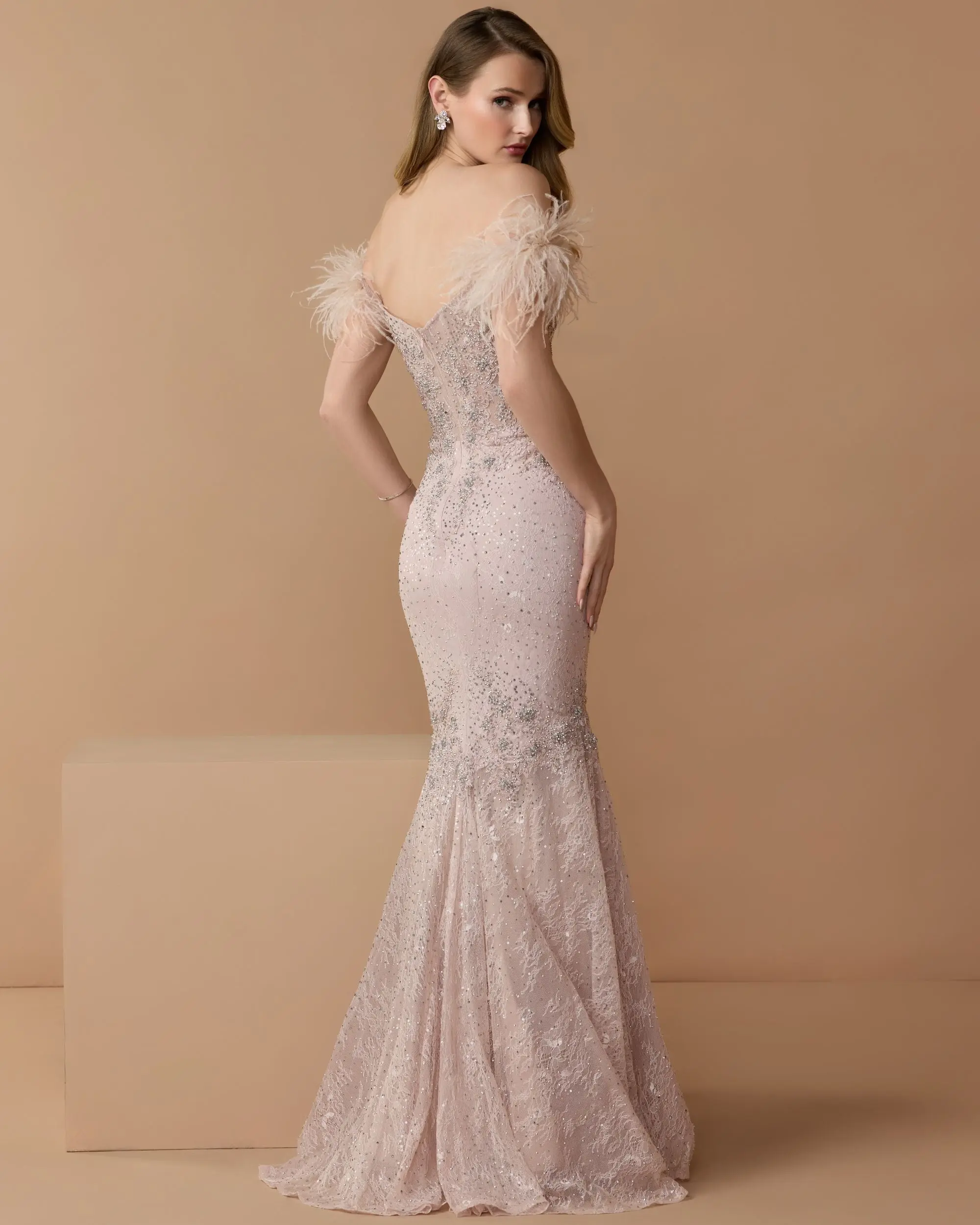 Pink Off The Shoulder Embellished Lace Feather Trim Gown