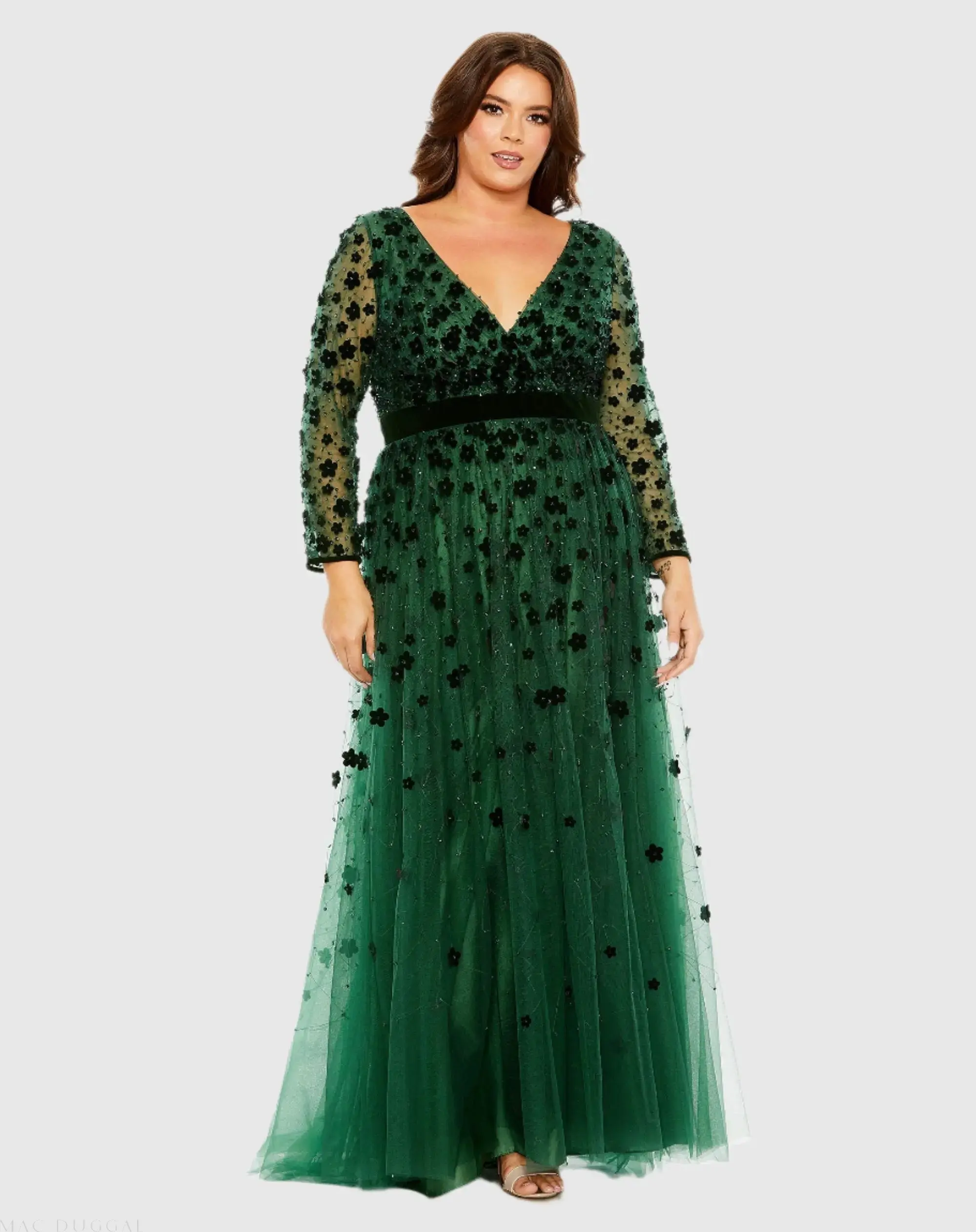 Green Velvet Floral Applique Long Sleeve A Line Gown (Plus)