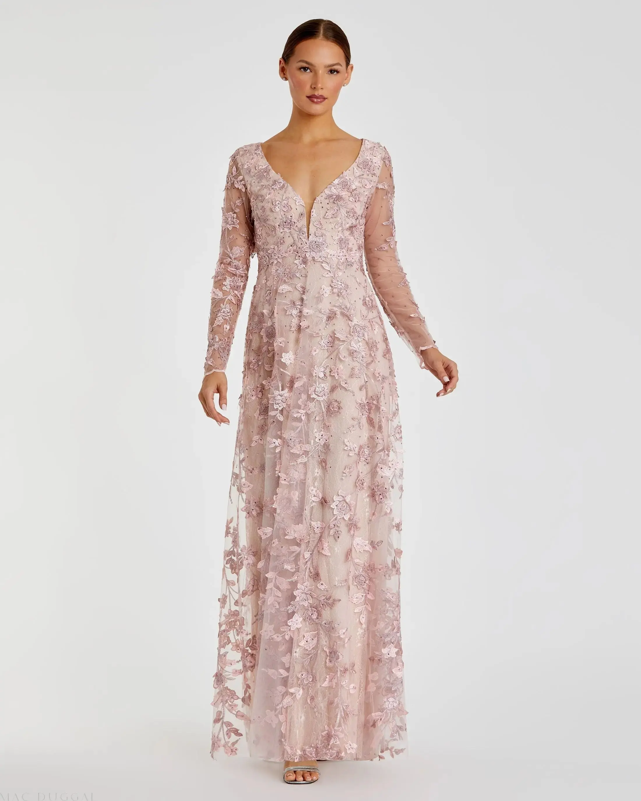 Pink Floral Applique Long Sleeve Illusion Gown