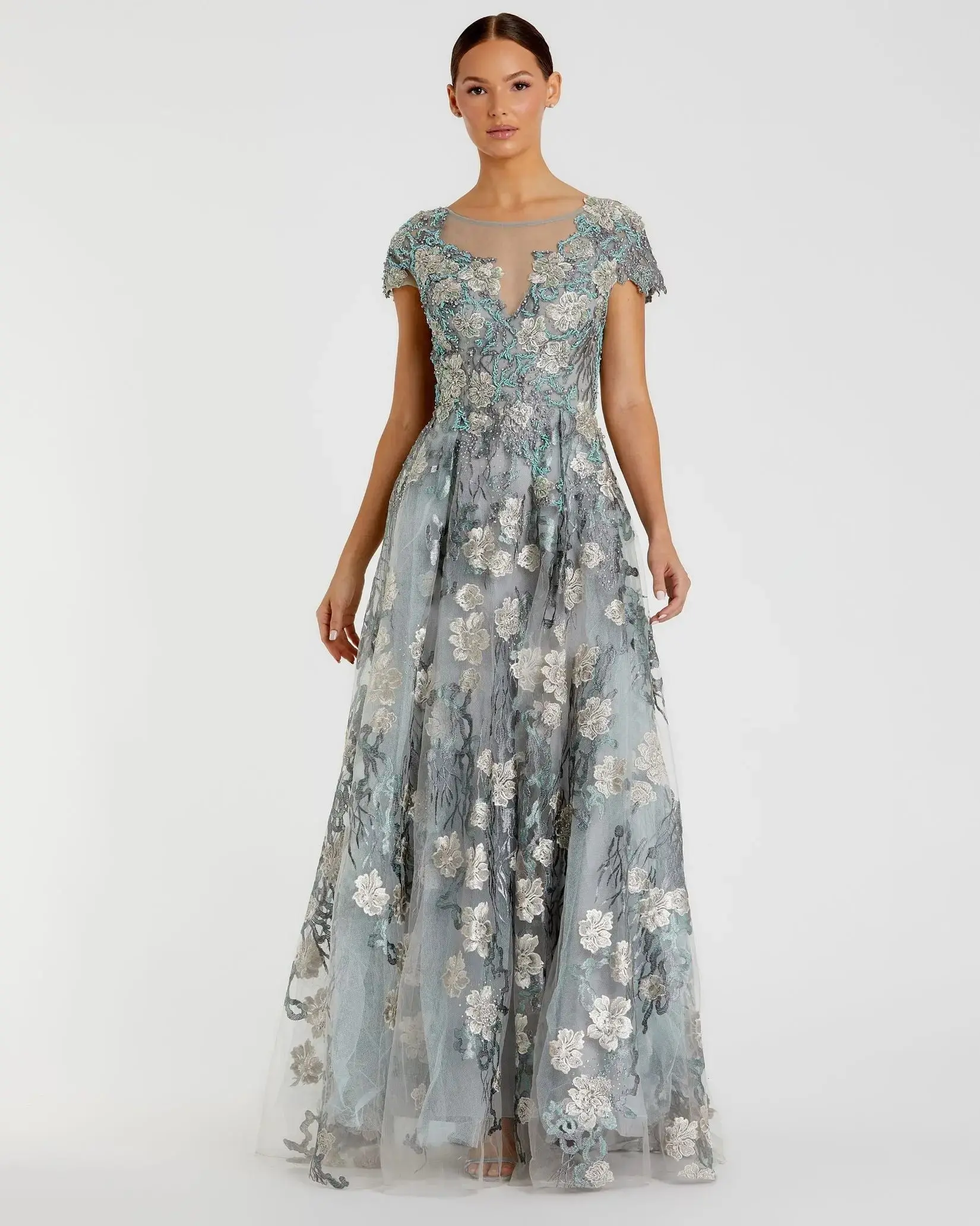 Green Floral Embroidered Short Cap Evening Gown - FINAL SALE