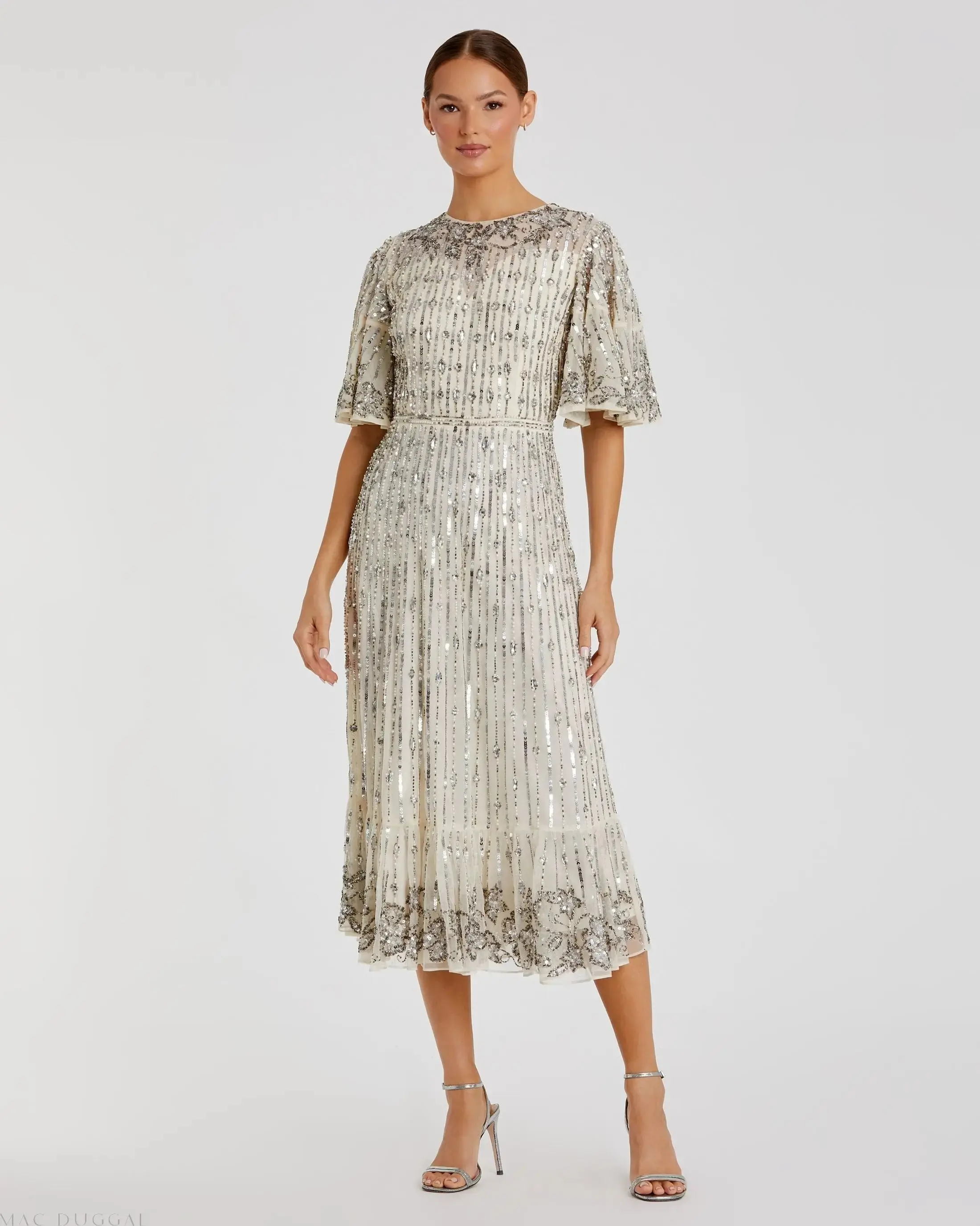 Silver Flounce Sleeve Midi Dress - FINAL SALE
