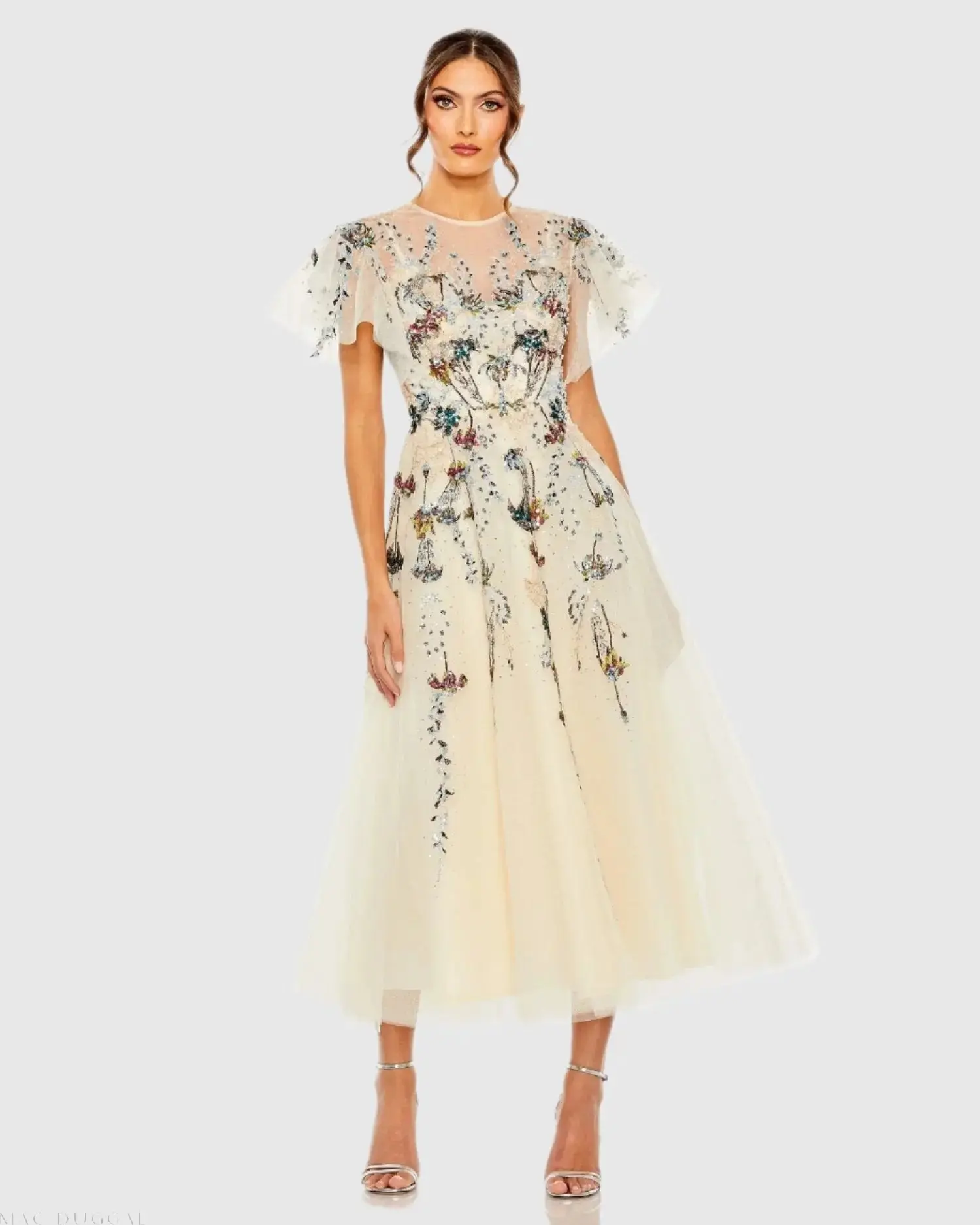 Flutter Sleeve High Neck Embellished Floral Dress - Image 2