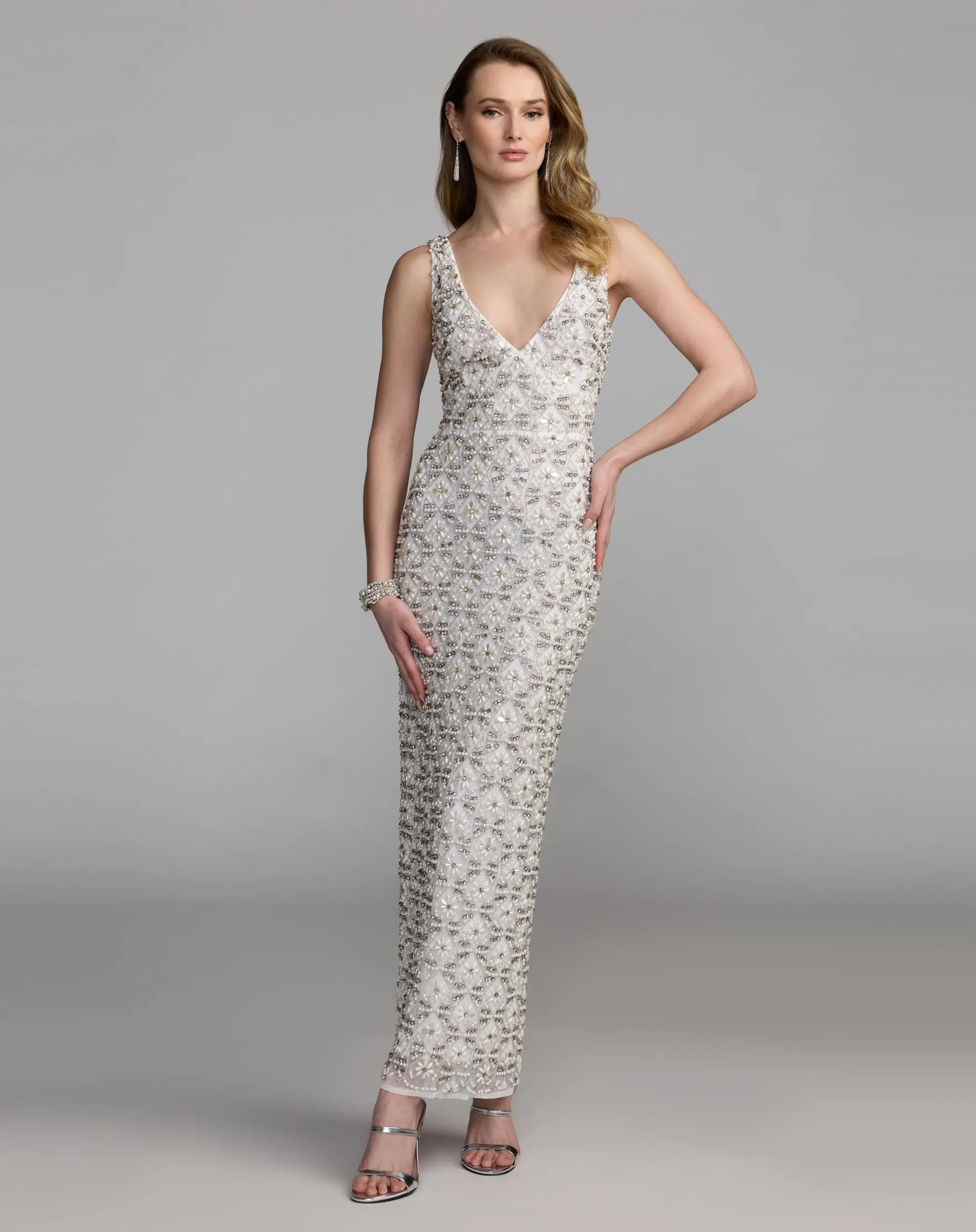 White Pearl Embellished Sleeveless Column Dress - Image 4
