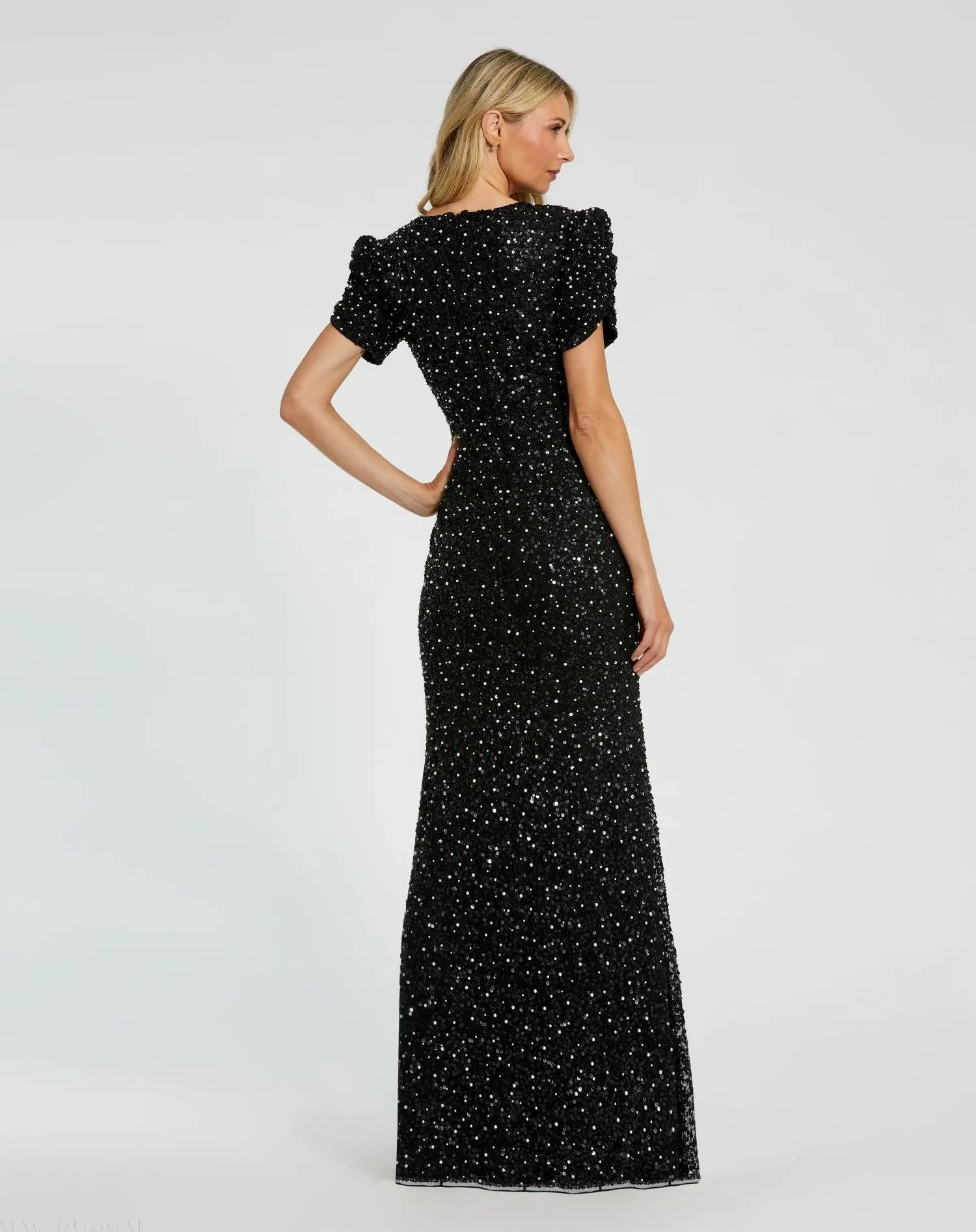 Black Gathered Short Sleeve Embellished Gown - Image 3