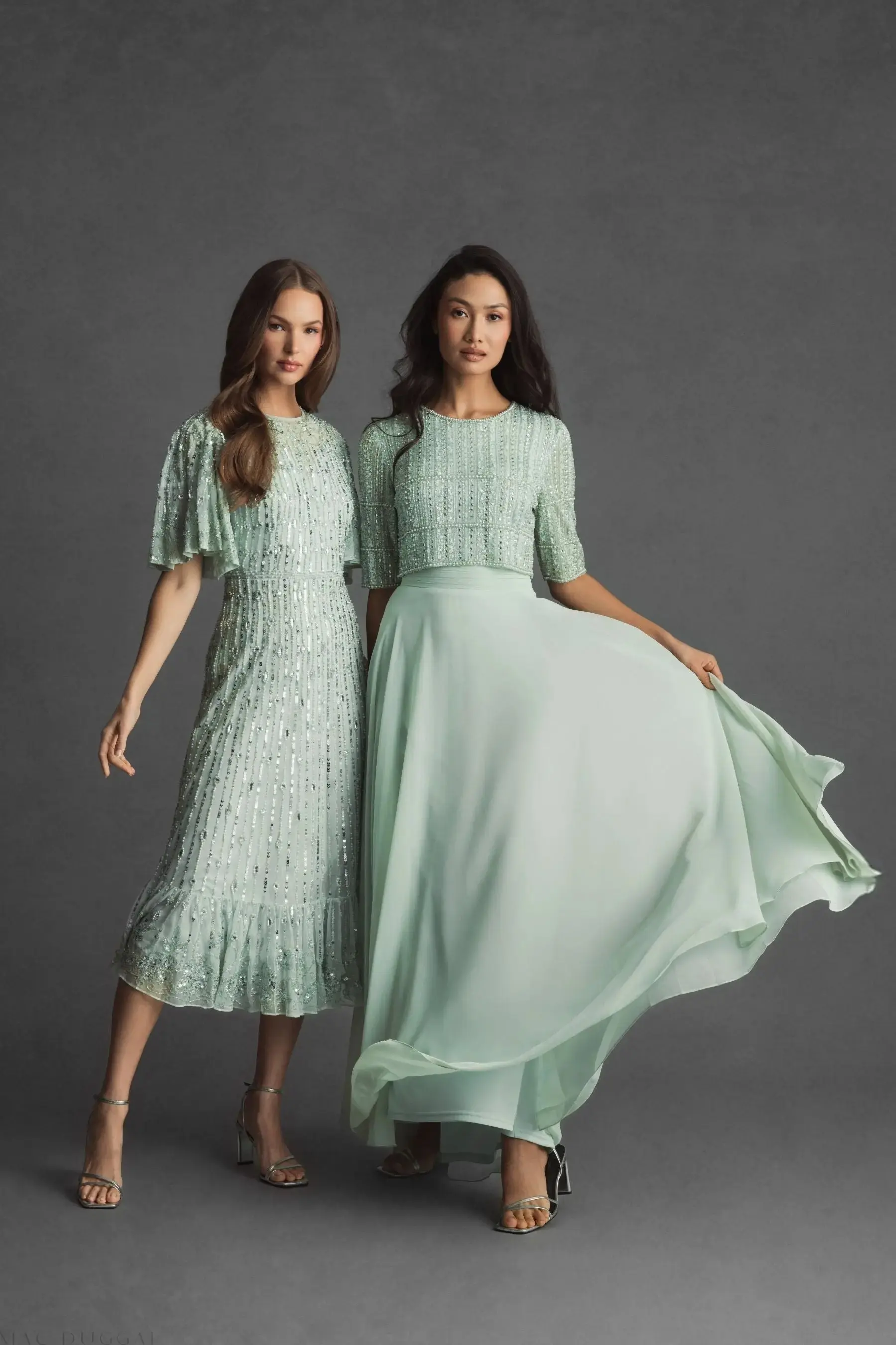 Green Chiffon Gown w/ Fully Beaded 3/4 Sleeve Top - Image 5