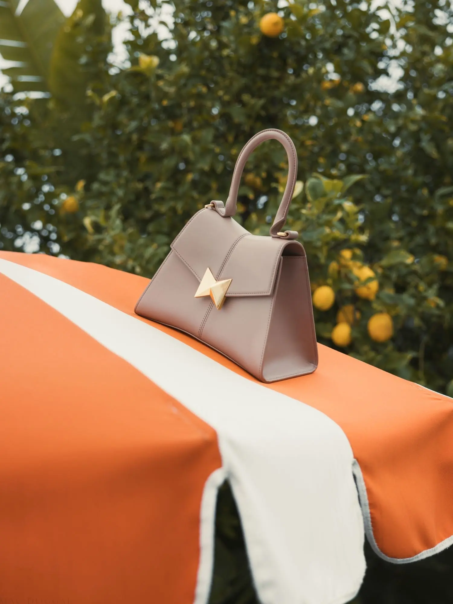 Brown Angular Small Leather Handbag With Gold Hardware - Image 5