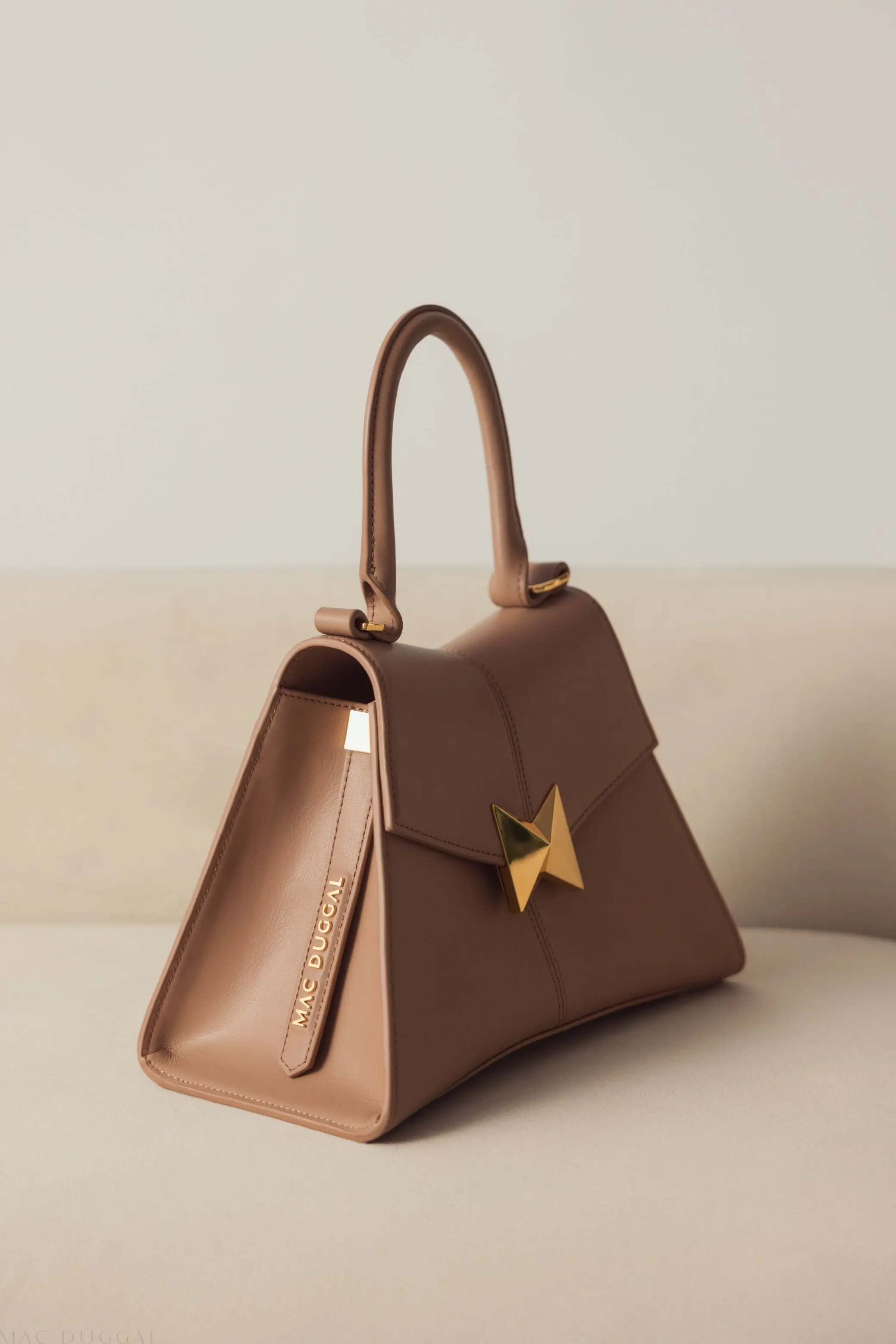 Brown Angular Small Leather Handbag With Gold Hardware - Image 7