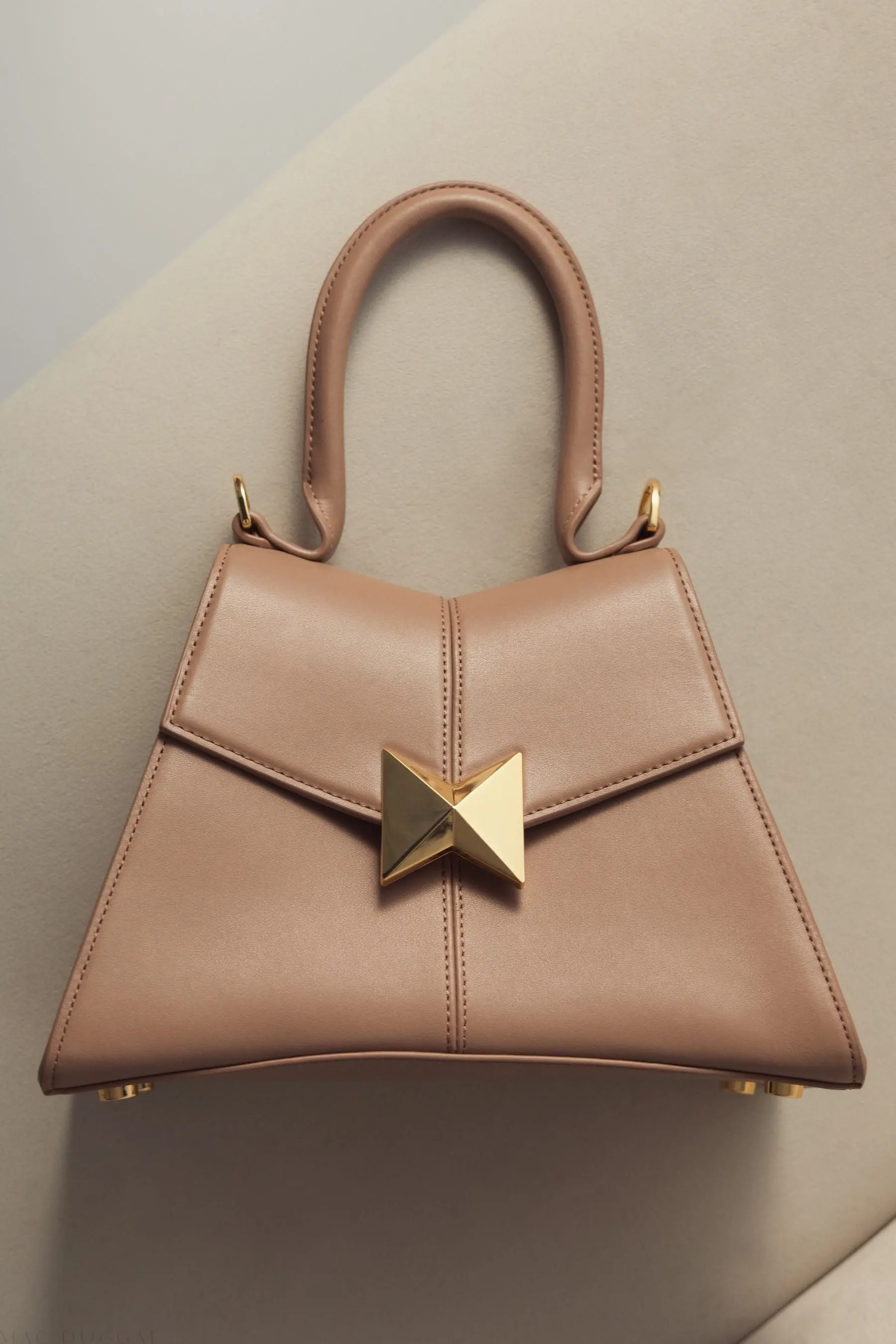 Brown Angular Small Leather Handbag With Gold Hardware - Image 8