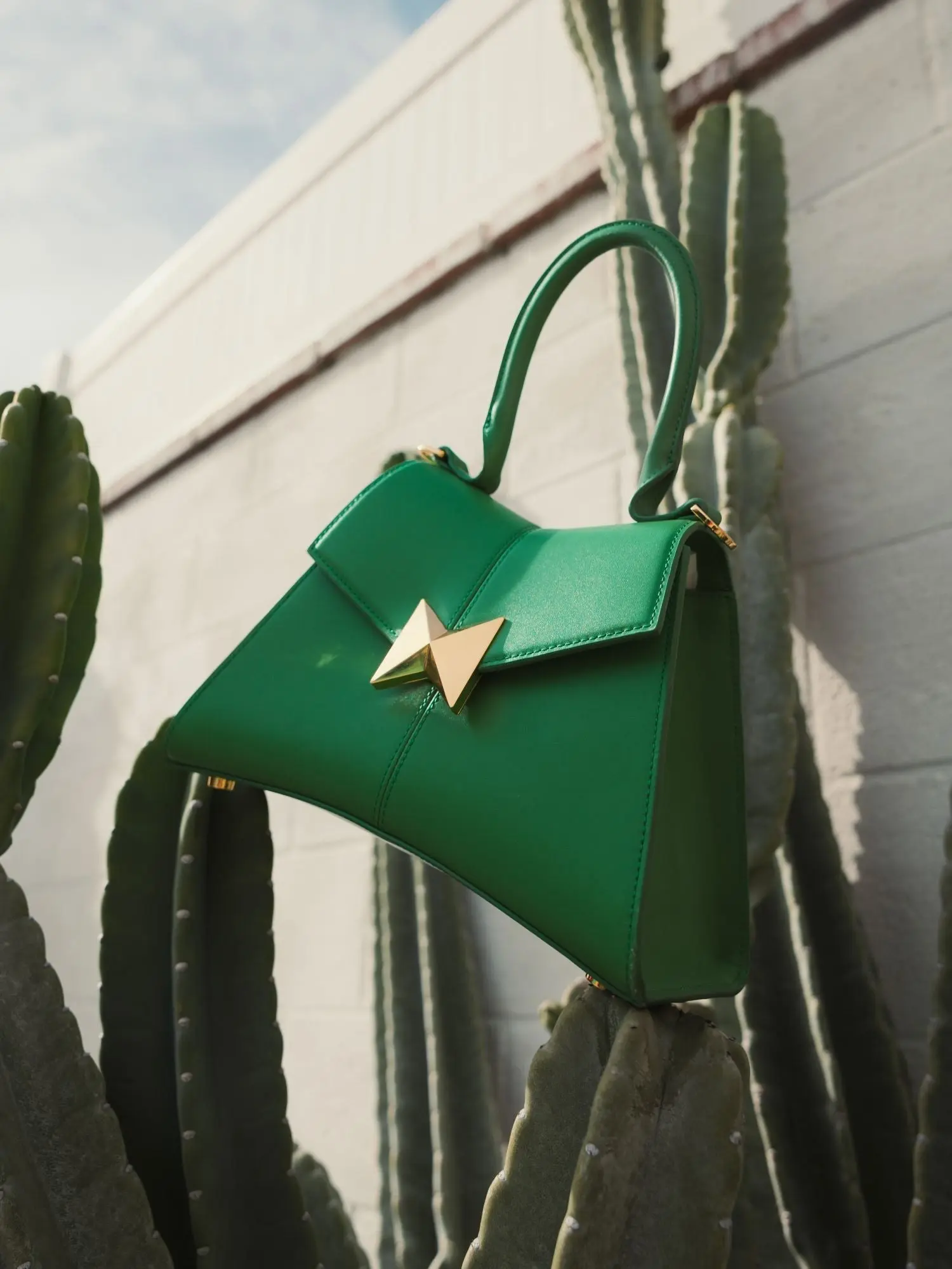 Green Angular Small Leather Handbag With Gold Hardware - Image 7