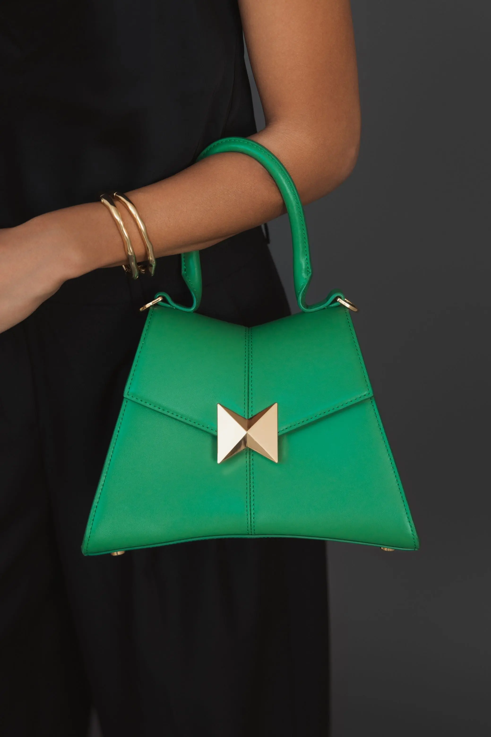 Green Angular Small Leather Handbag With Gold Hardware - Image 8