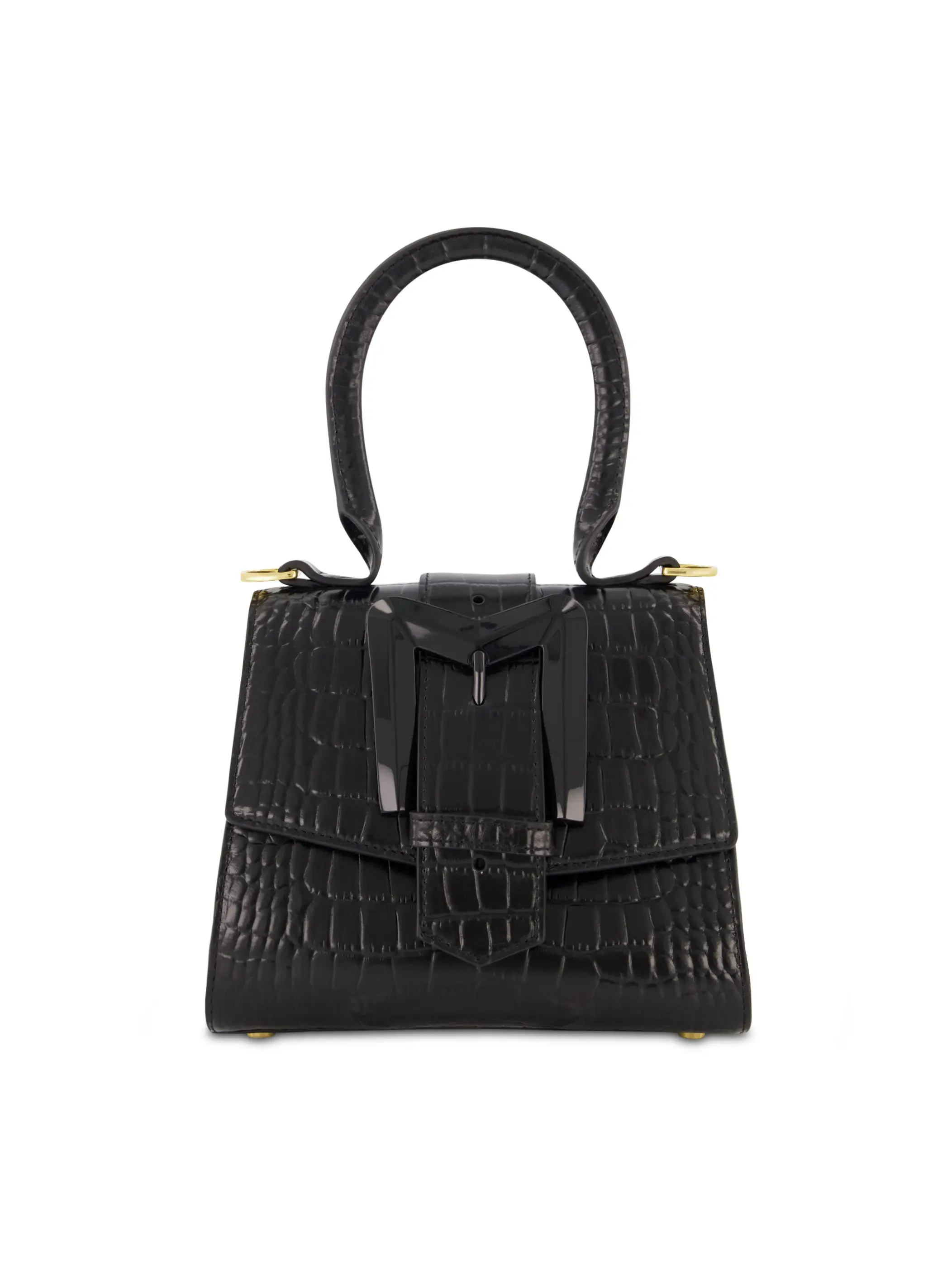 Black Buckled Mini Croco Leather Handbag with Detachable Strap - Image 6