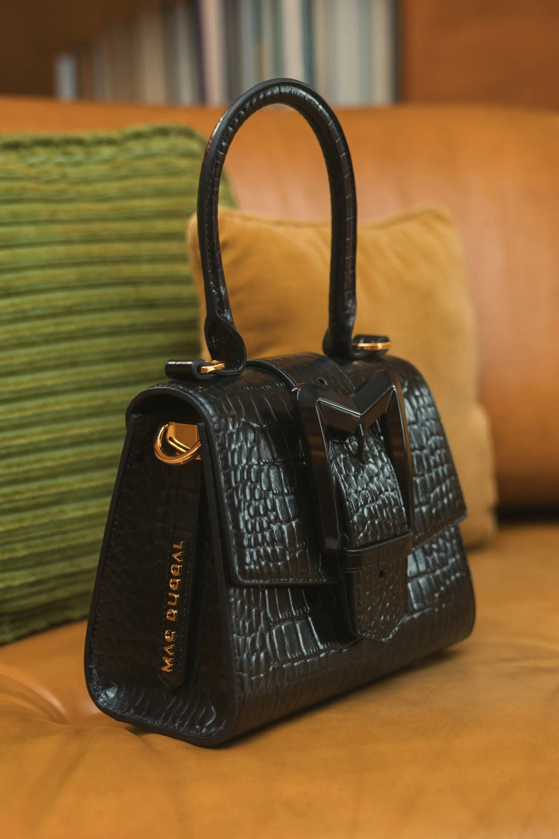 Black Buckled Mini Croco Leather Handbag with Detachable Strap - Image 7