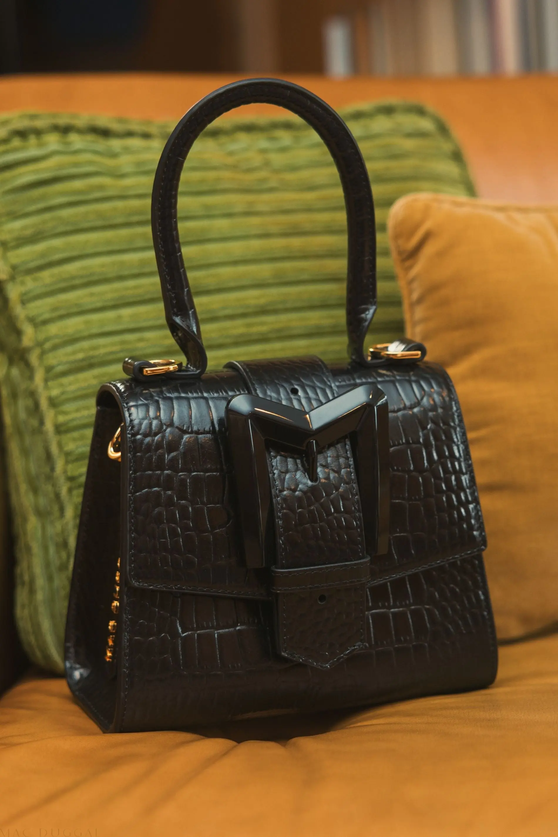 Black Buckled Mini Croco Leather Handbag with Detachable Strap - Image 8