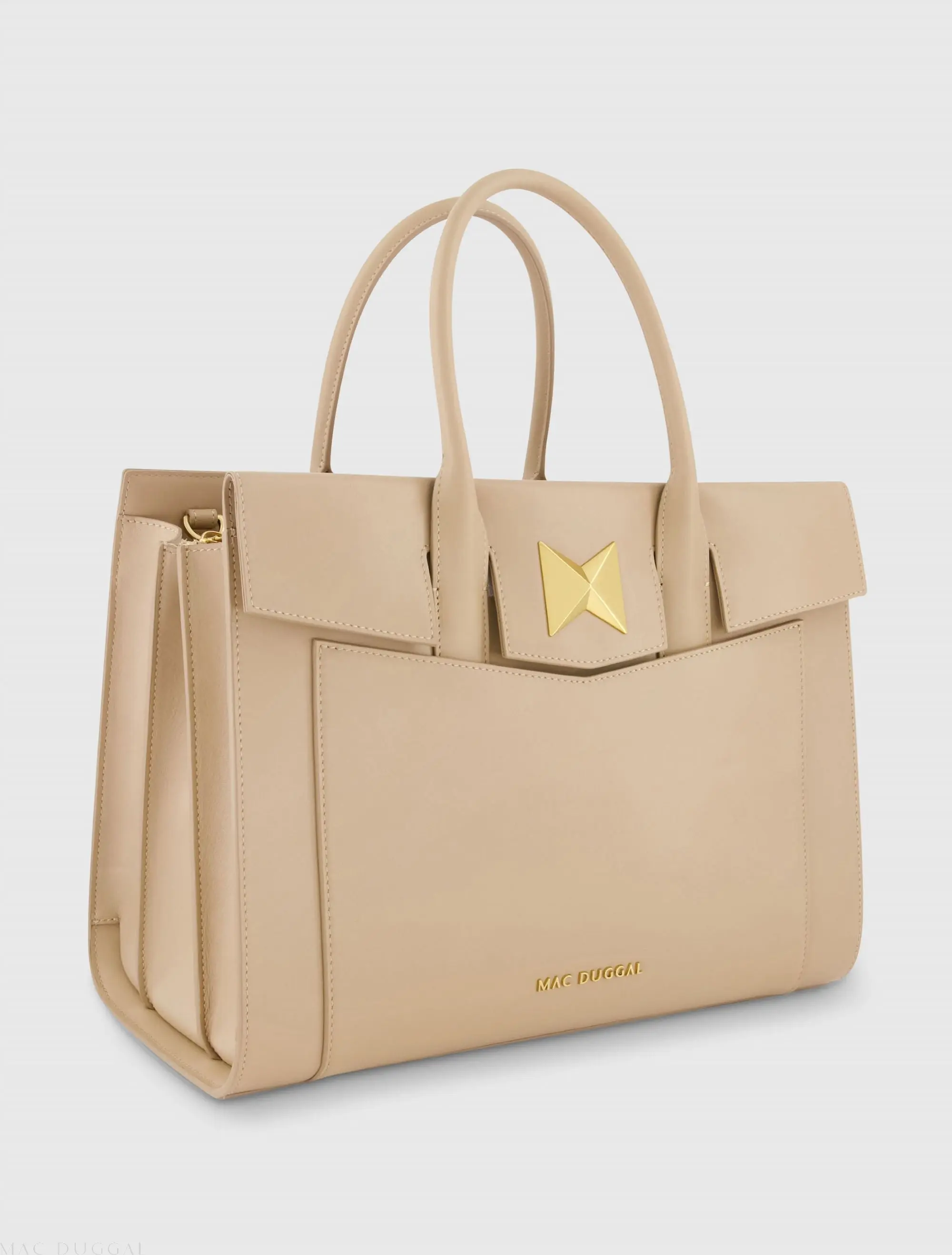 Beige Large Leather Briefcase Bag With Gold Hardware - Image 3