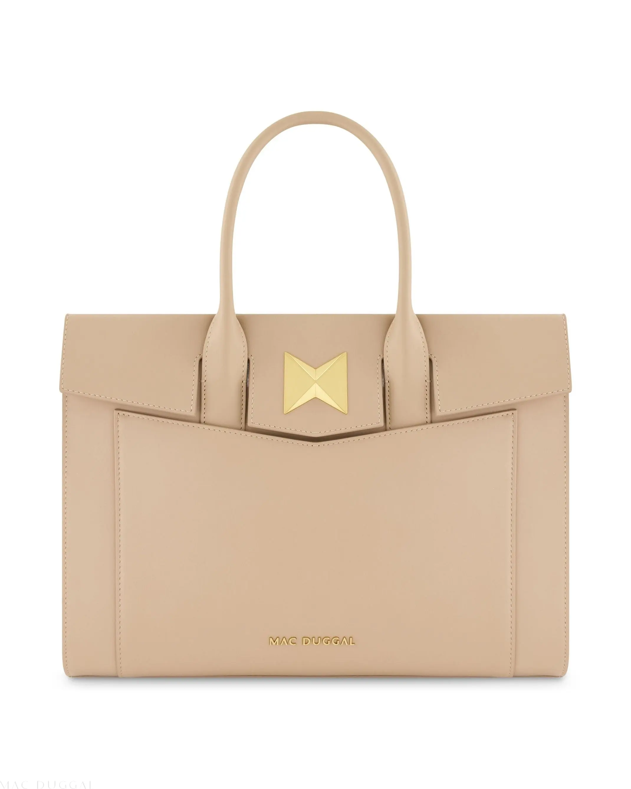 Beige Large Leather Briefcase Bag With Gold Hardware - Image 6