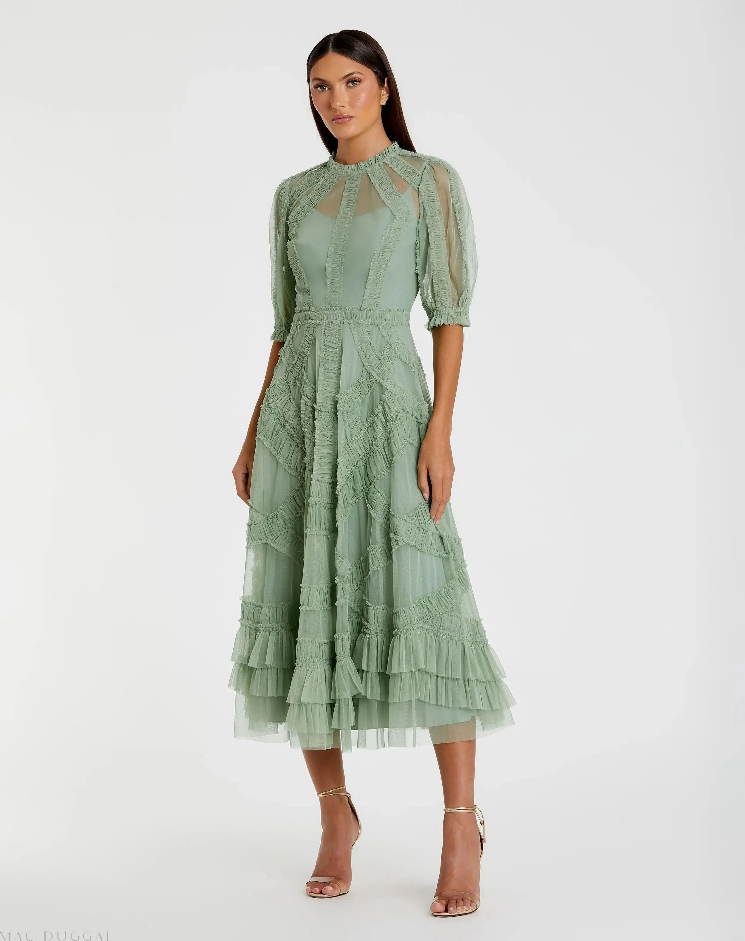 High Neck Micro Ruffle Tiered Midi Dress - Image 2