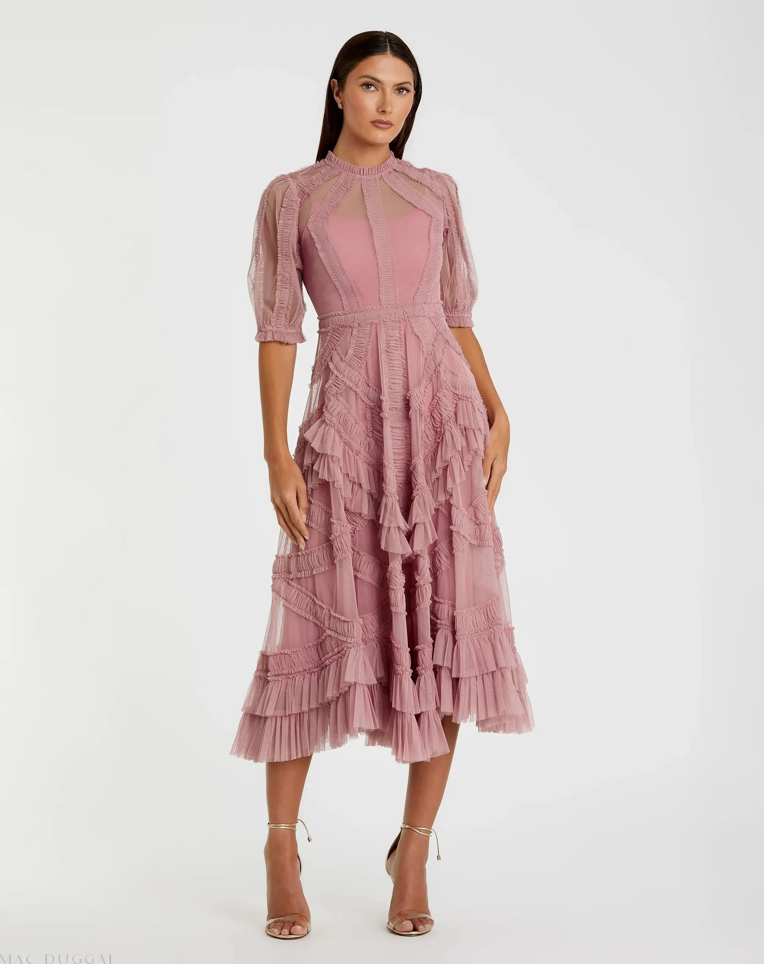 High Neck Micro Ruffle Tiered Midi Dress - Image 3