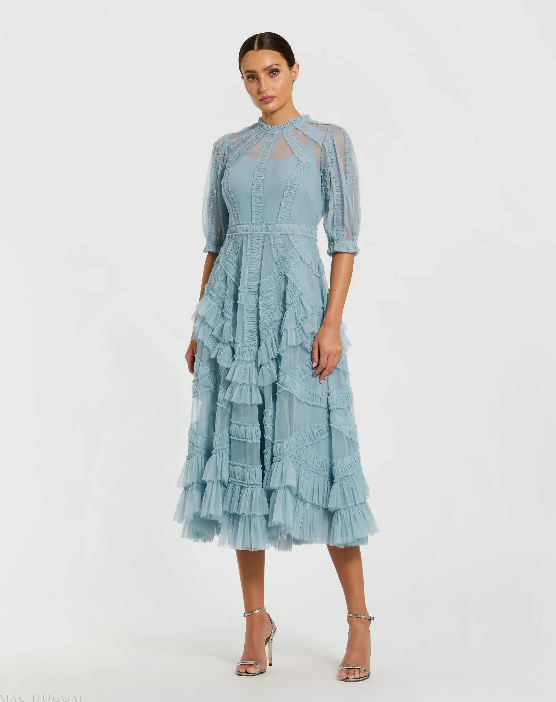 High Neck Micro Ruffle Tiered Midi Dress - Image 5