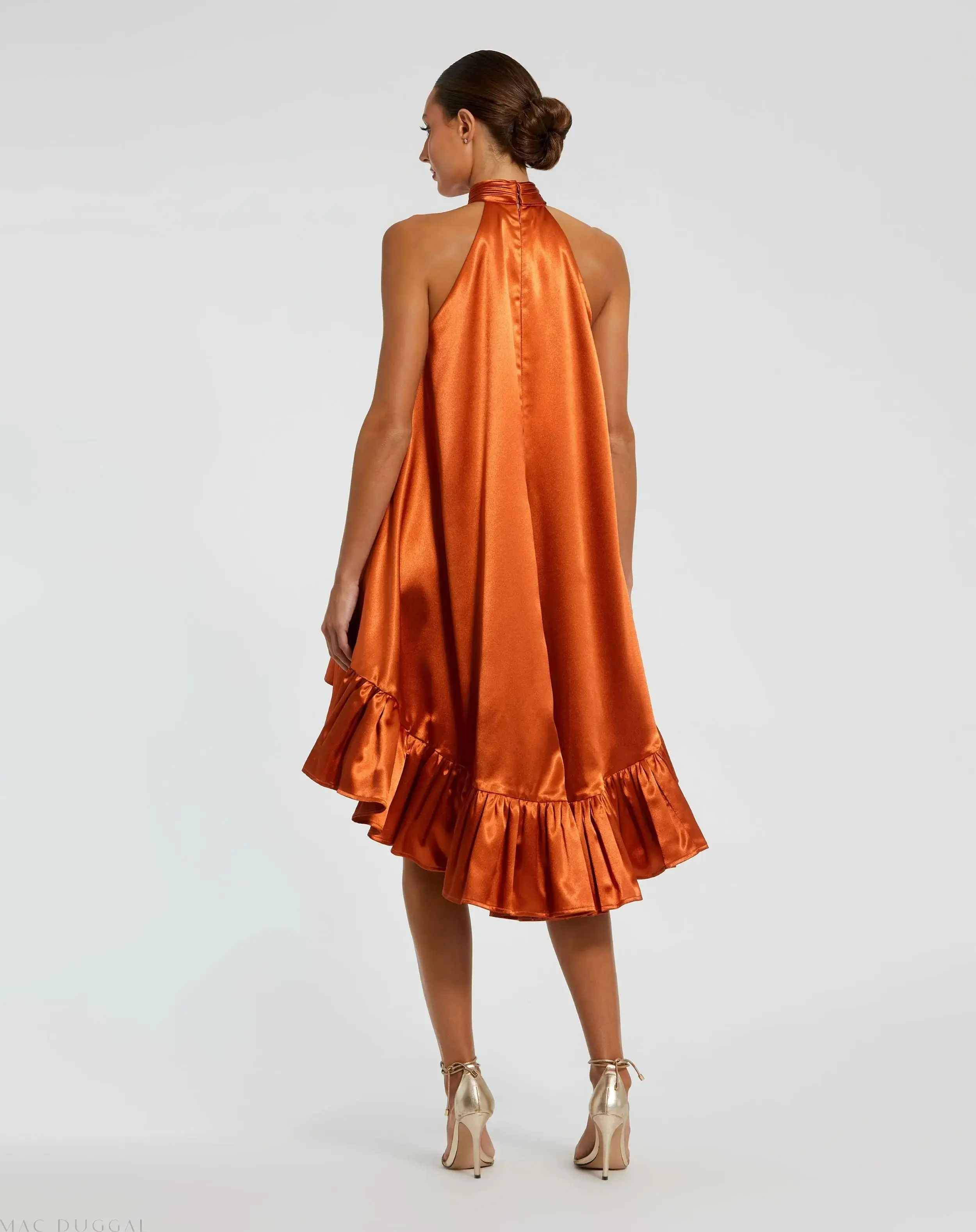 Orange High Neck Satin Mini Dress With Keyhole - Image 3
