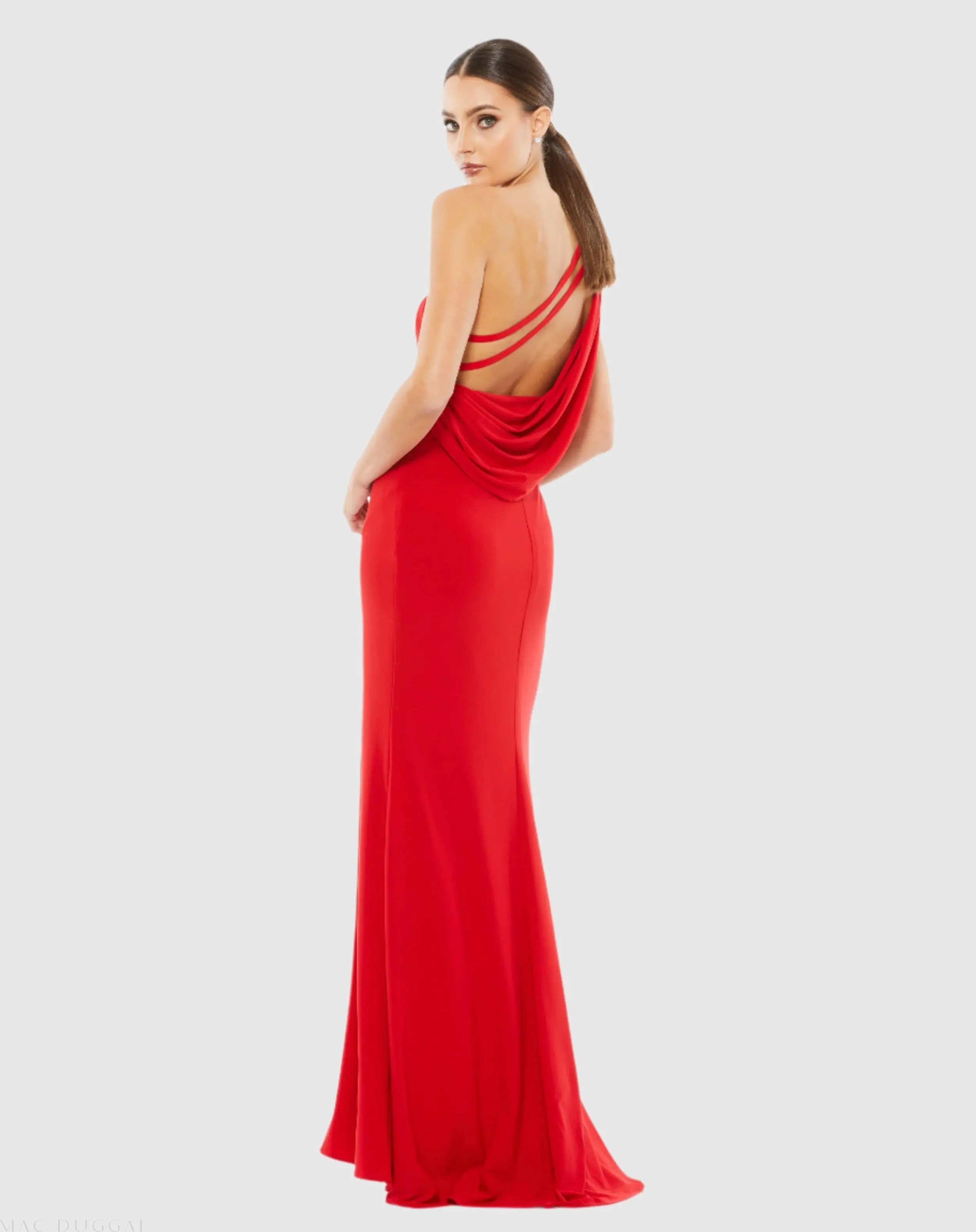 Red Jersey One Shoulder Draped Back Gown - FINAL SALE - Image 3