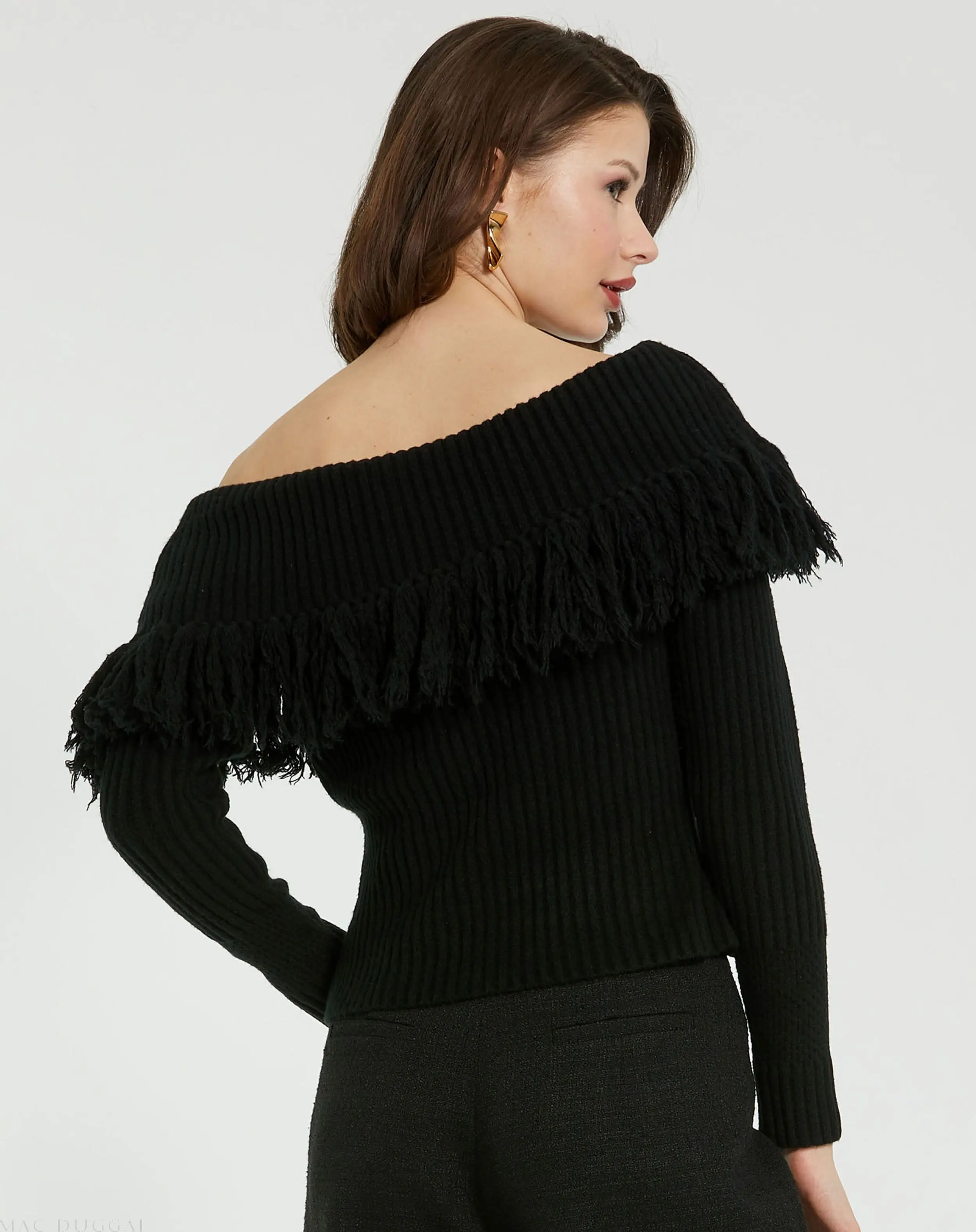 Black Off The Shoulder Fringe Knit Sweater - Image 3