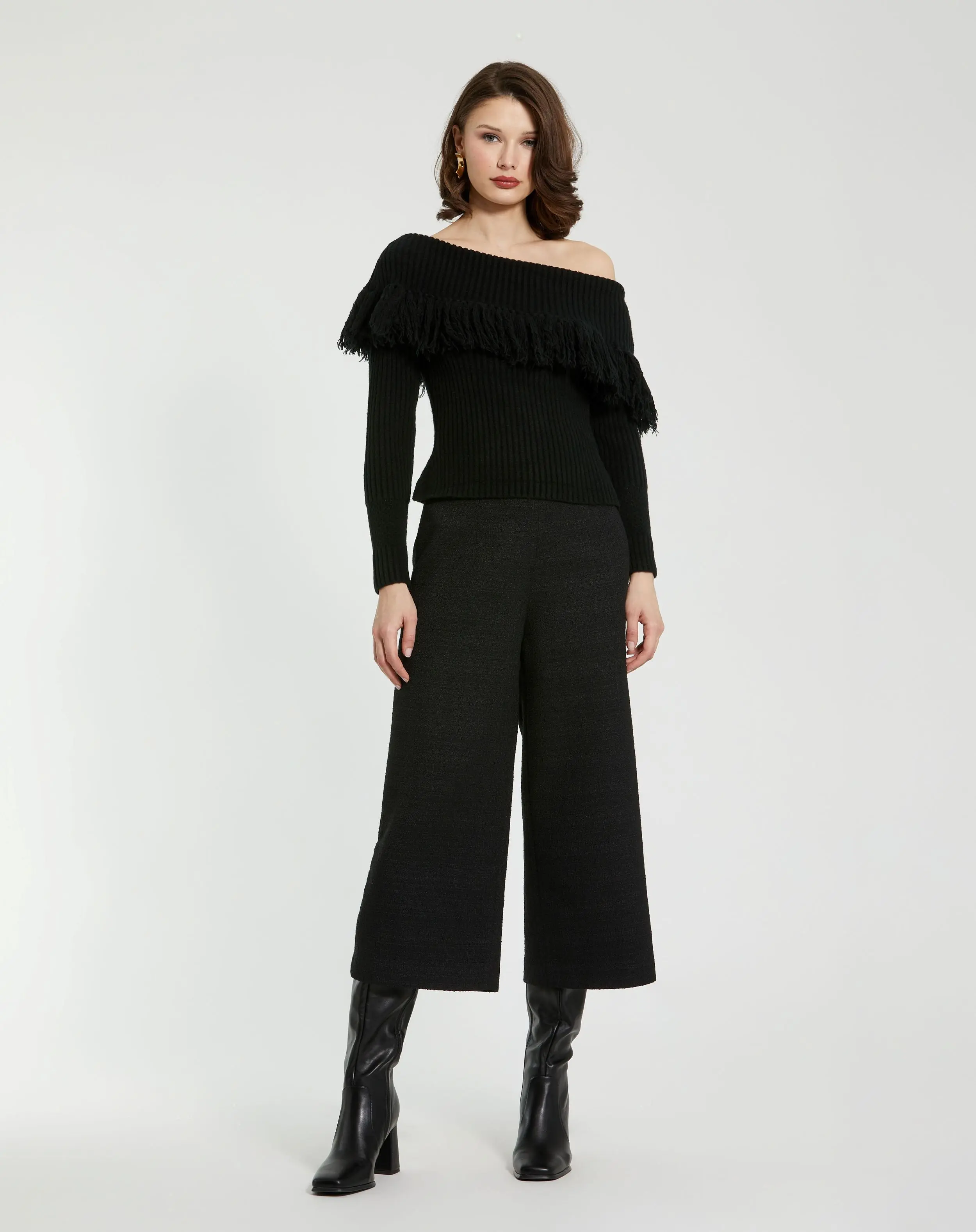 Black Off The Shoulder Fringe Knit Sweater - Image 4
