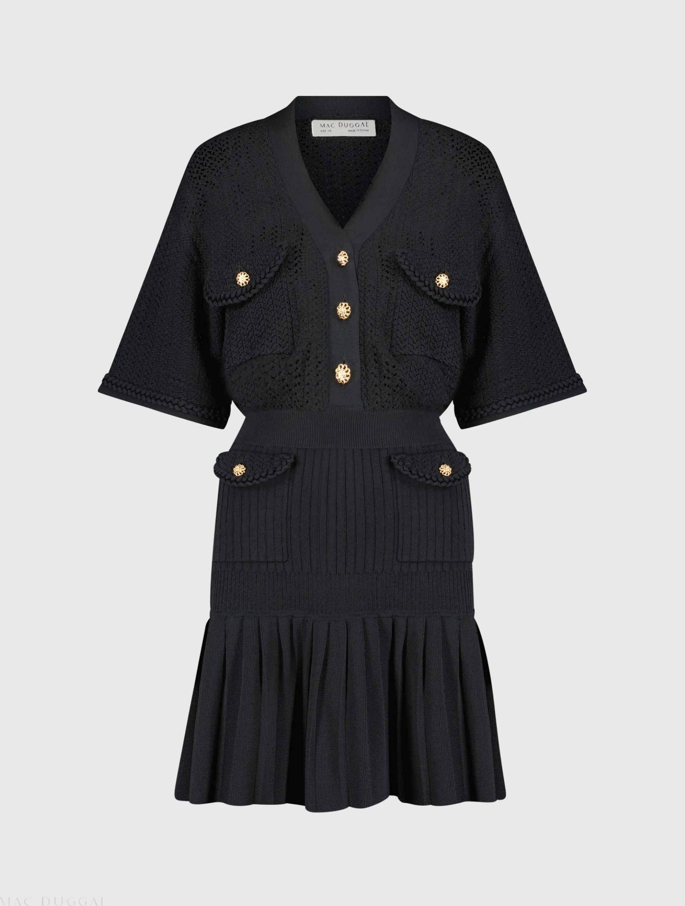 Black Short Sleeve Gold Button Front Crochet Knit Dress with Pleated Hem - Image 2