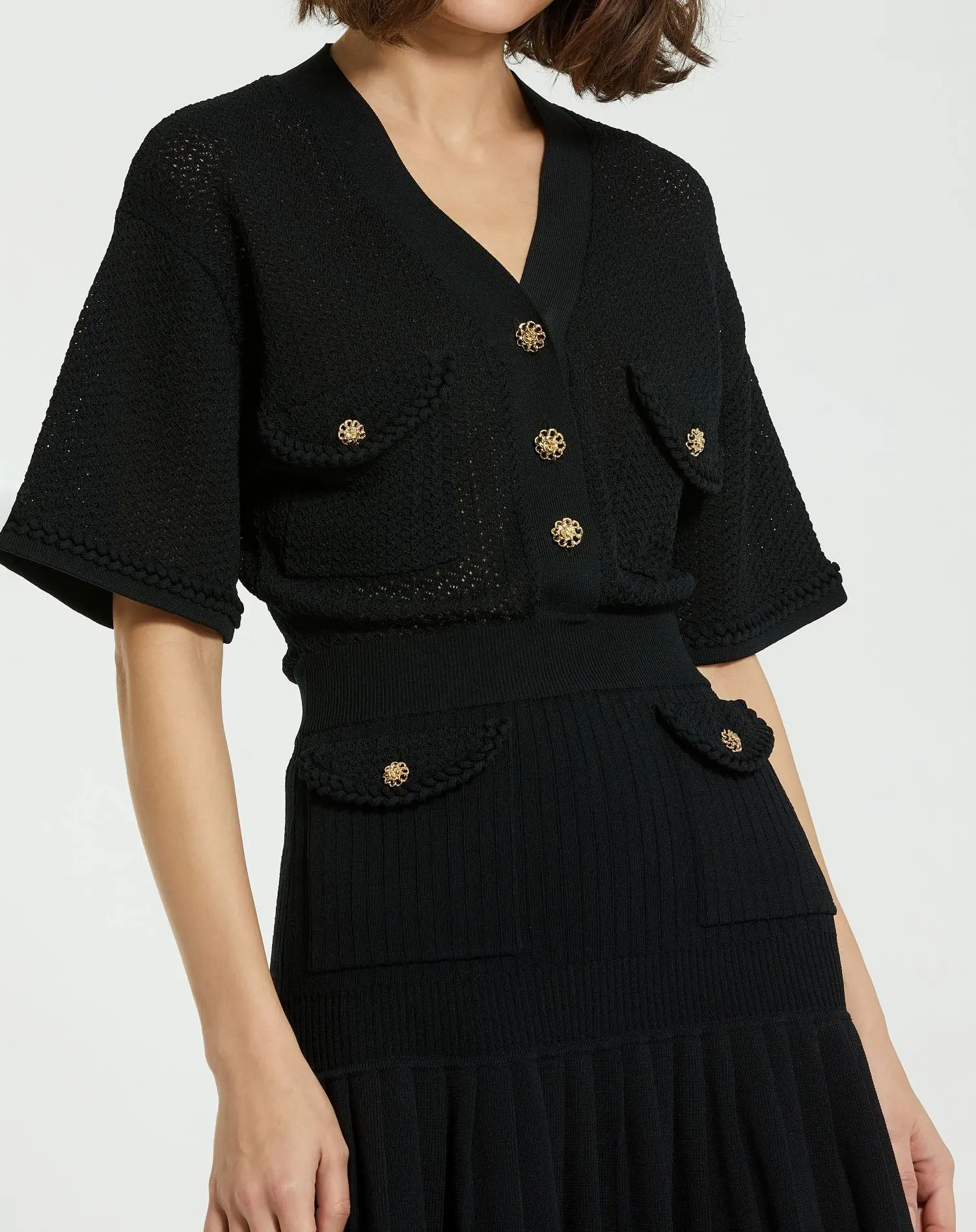 Black Short Sleeve Gold Button Front Crochet Knit Dress with Pleated Hem - Image 3