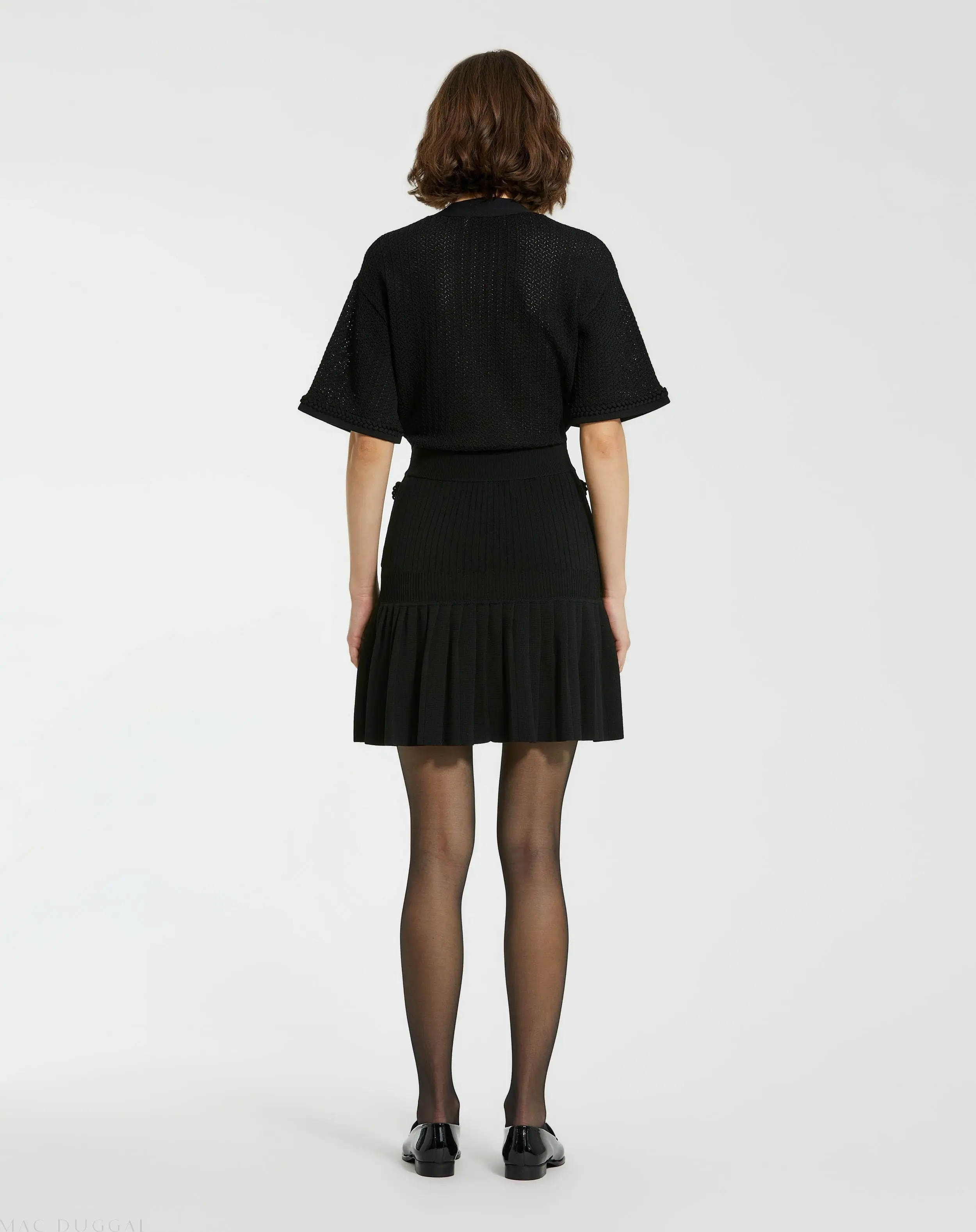 Black Short Sleeve Gold Button Front Crochet Knit Dress with Pleated Hem - Image 4