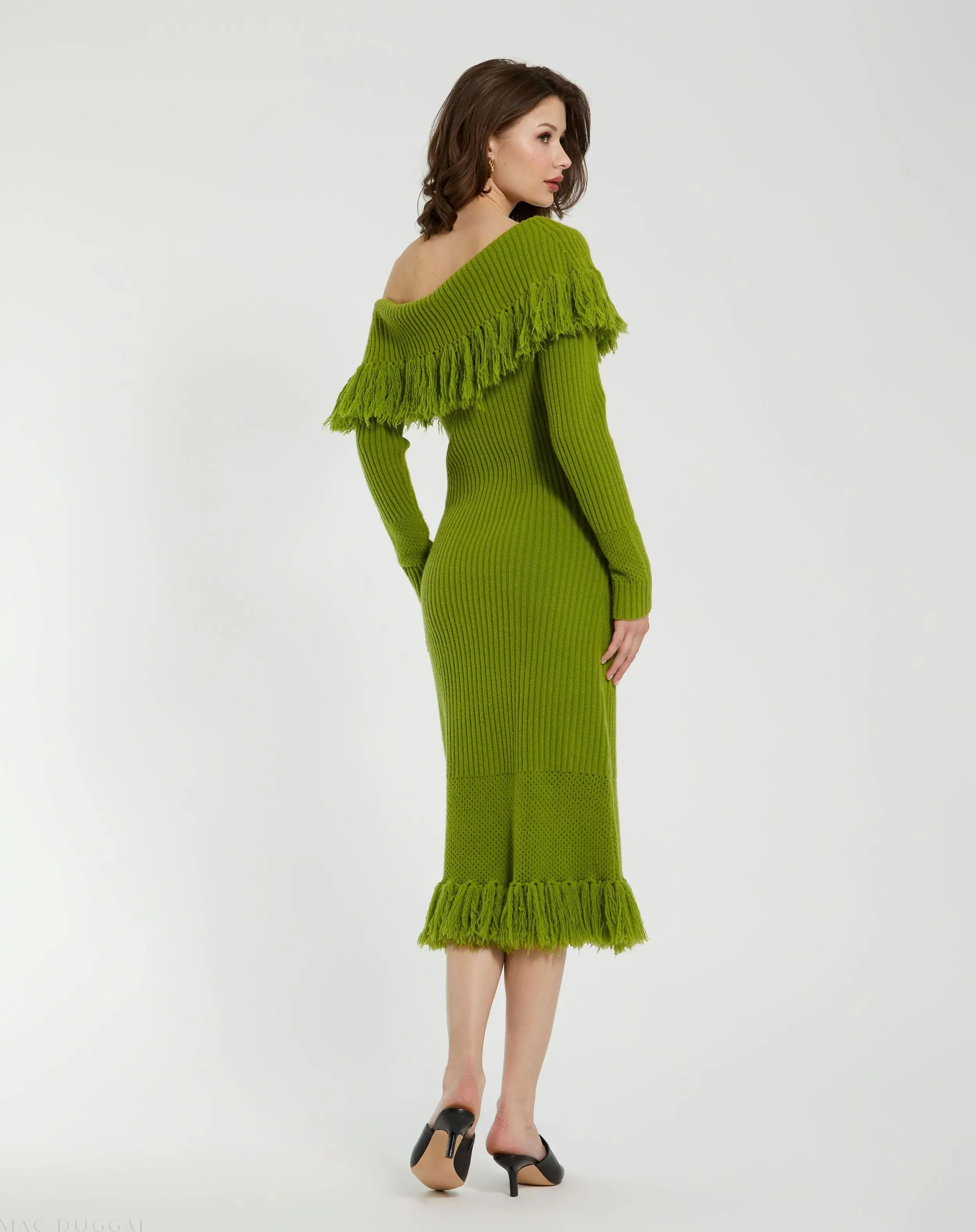 Green Off The Shoulder Fringe Long Sleeve Knit Dress - FINAL SALE - Image 3