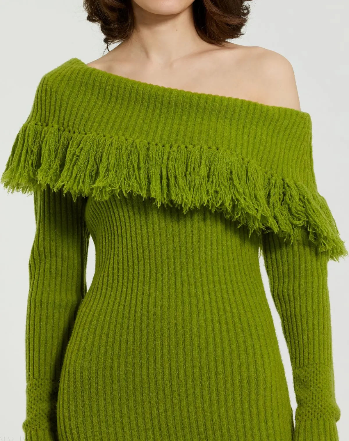 Green Off The Shoulder Fringe Long Sleeve Knit Dress - FINAL SALE - Image 4