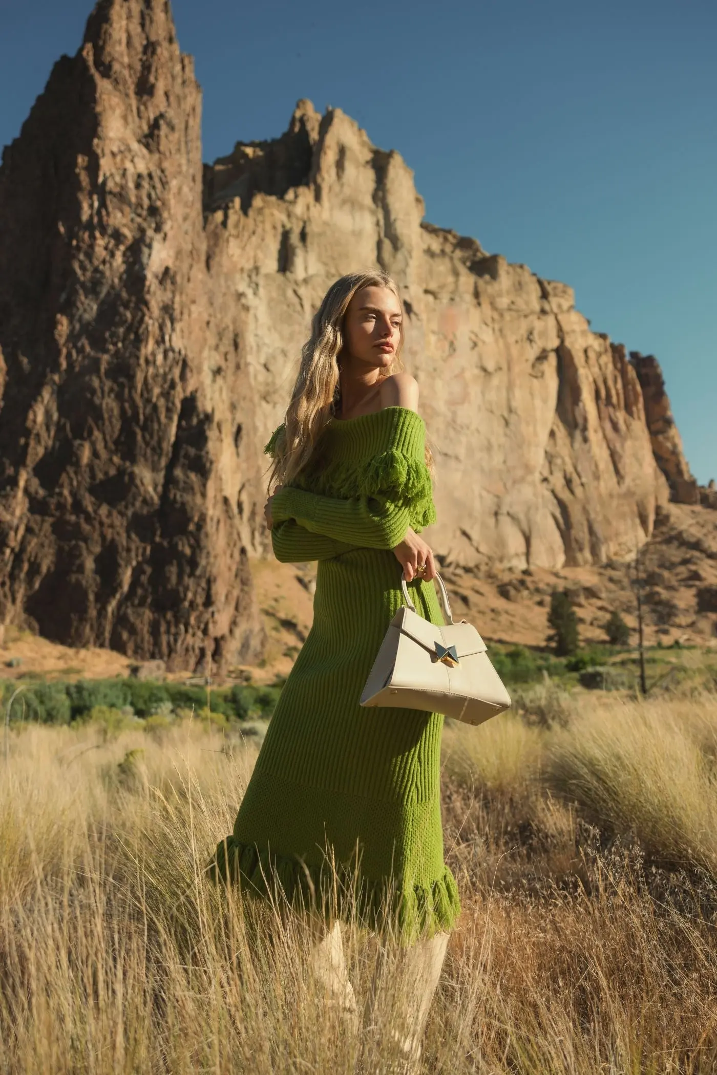 Green Off The Shoulder Fringe Long Sleeve Knit Dress - FINAL SALE - Image 5