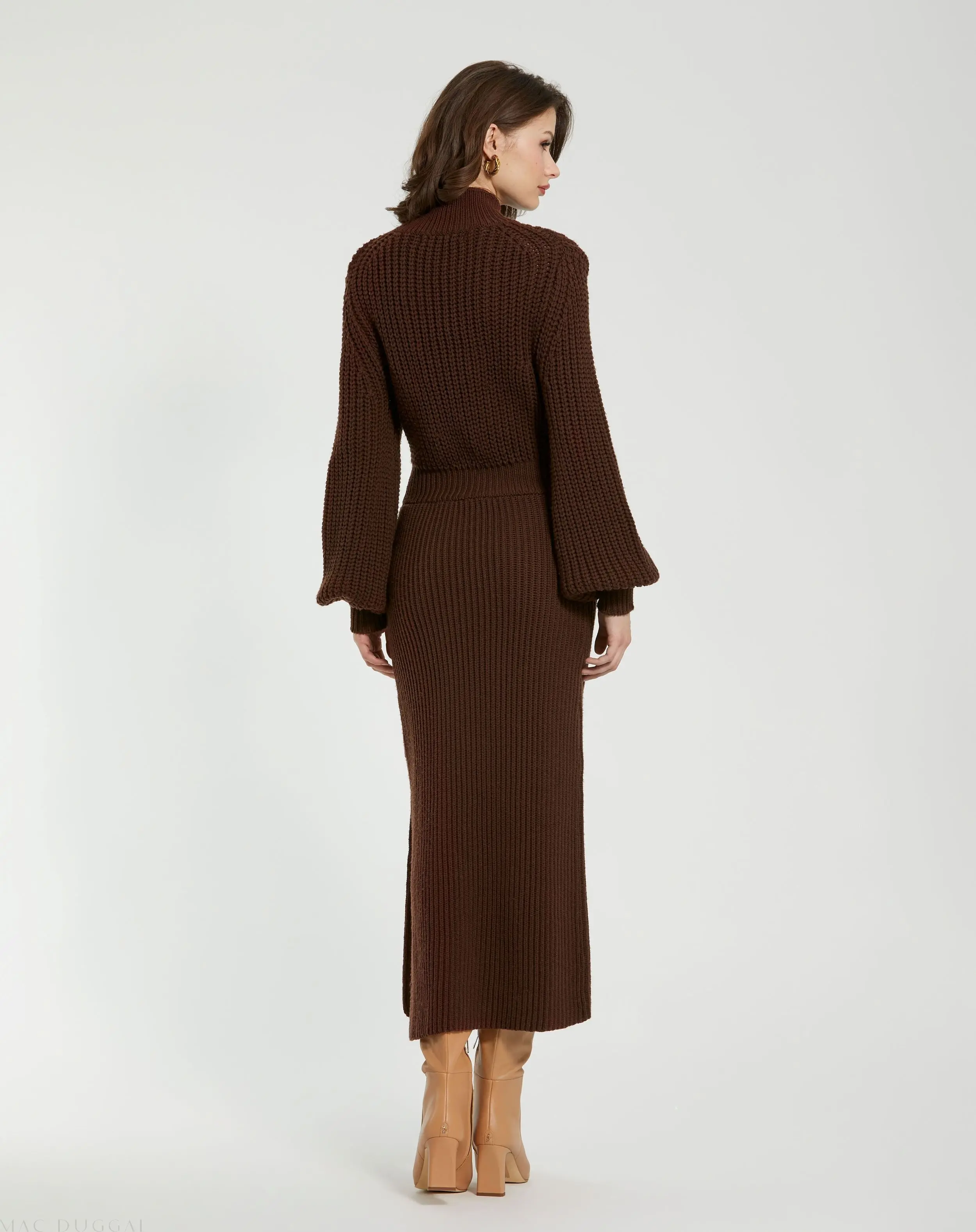 Brown Long Sleeve Turtle Neck Knit Midi Dress - Image 4