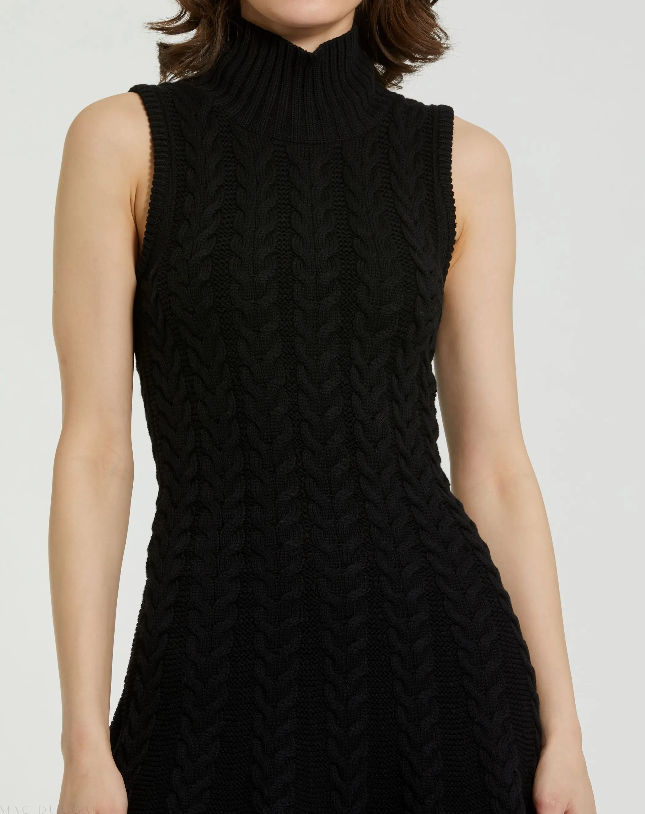 Black Cable Knit Turtle Neck Sleeveless Mini Sweater Knit Dress - Image 3