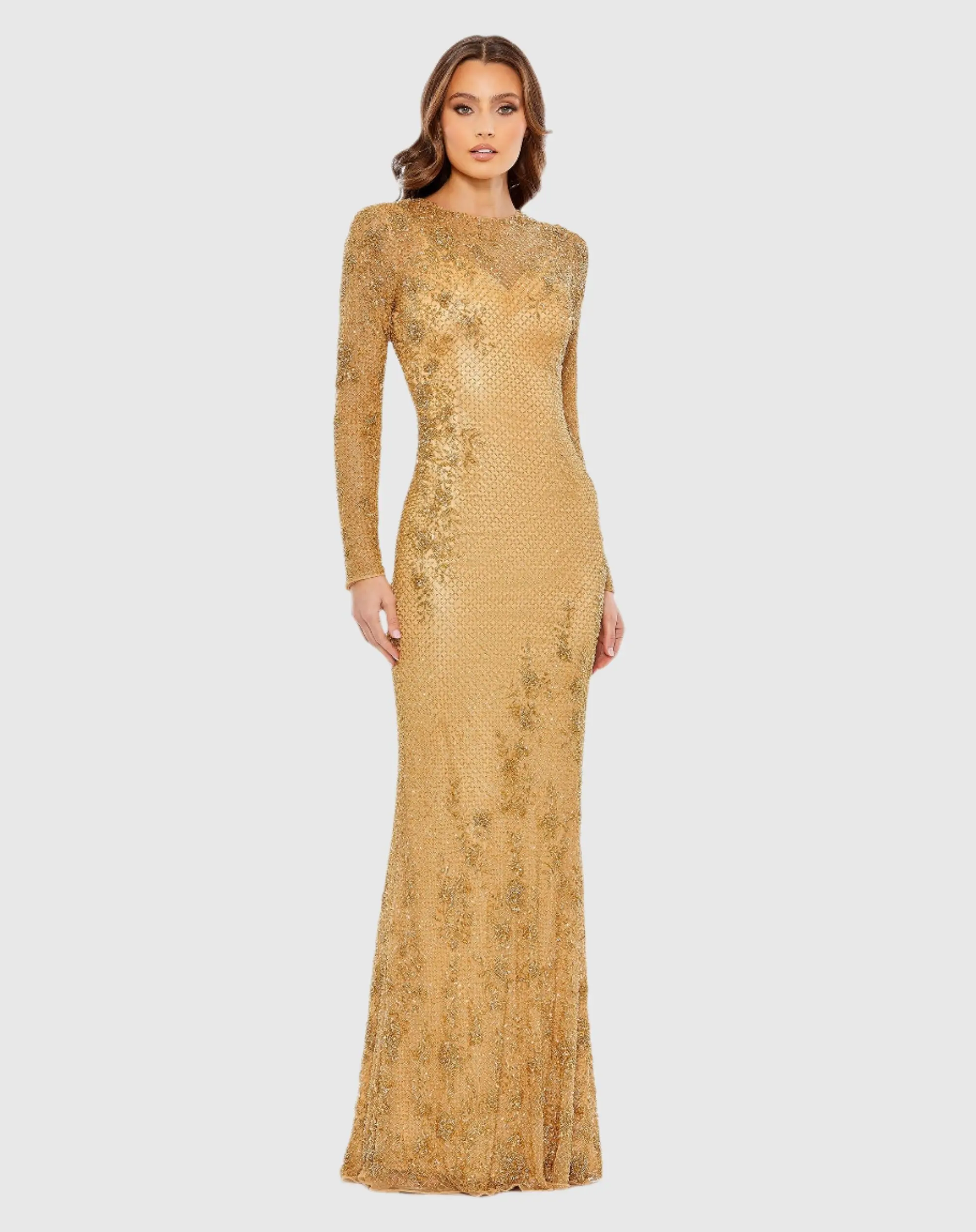 Gold Long Sleeve Beaded Evening Gown
