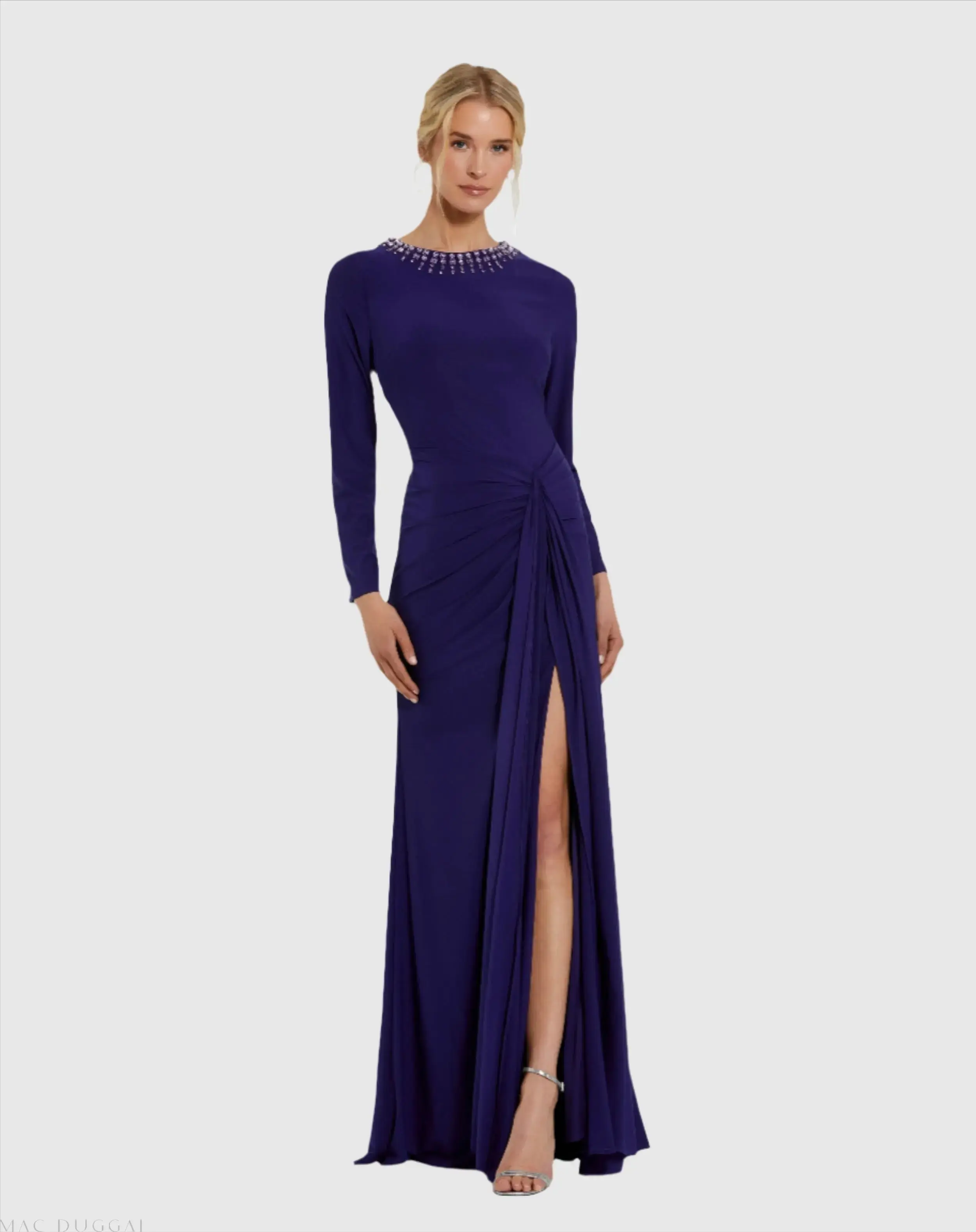 Long Sleeve Jersey Ruched Gown With Beaded Neck - Image 2