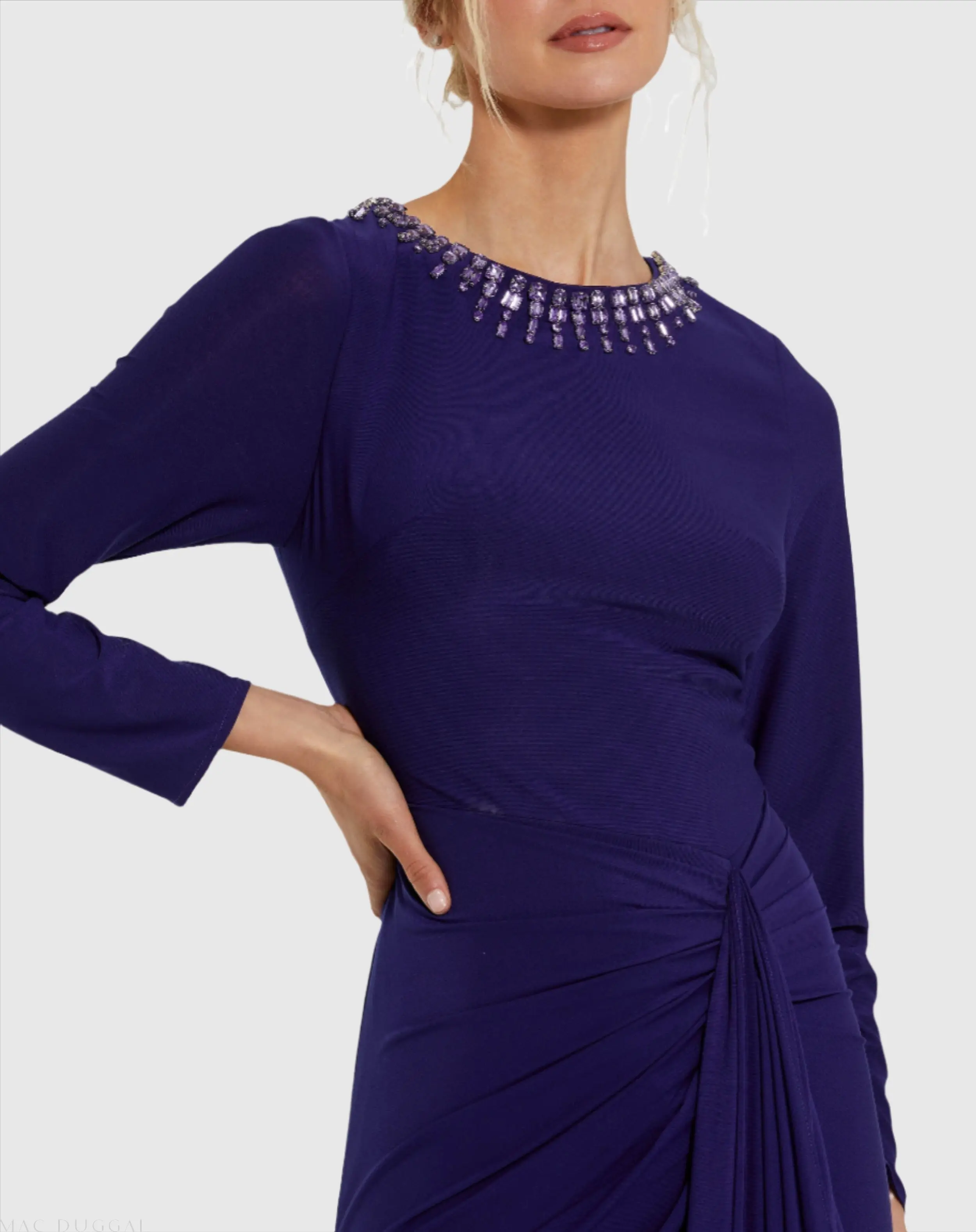 Purple Long Sleeve Jersey Ruched Gown With Beaded Neck - Image 2