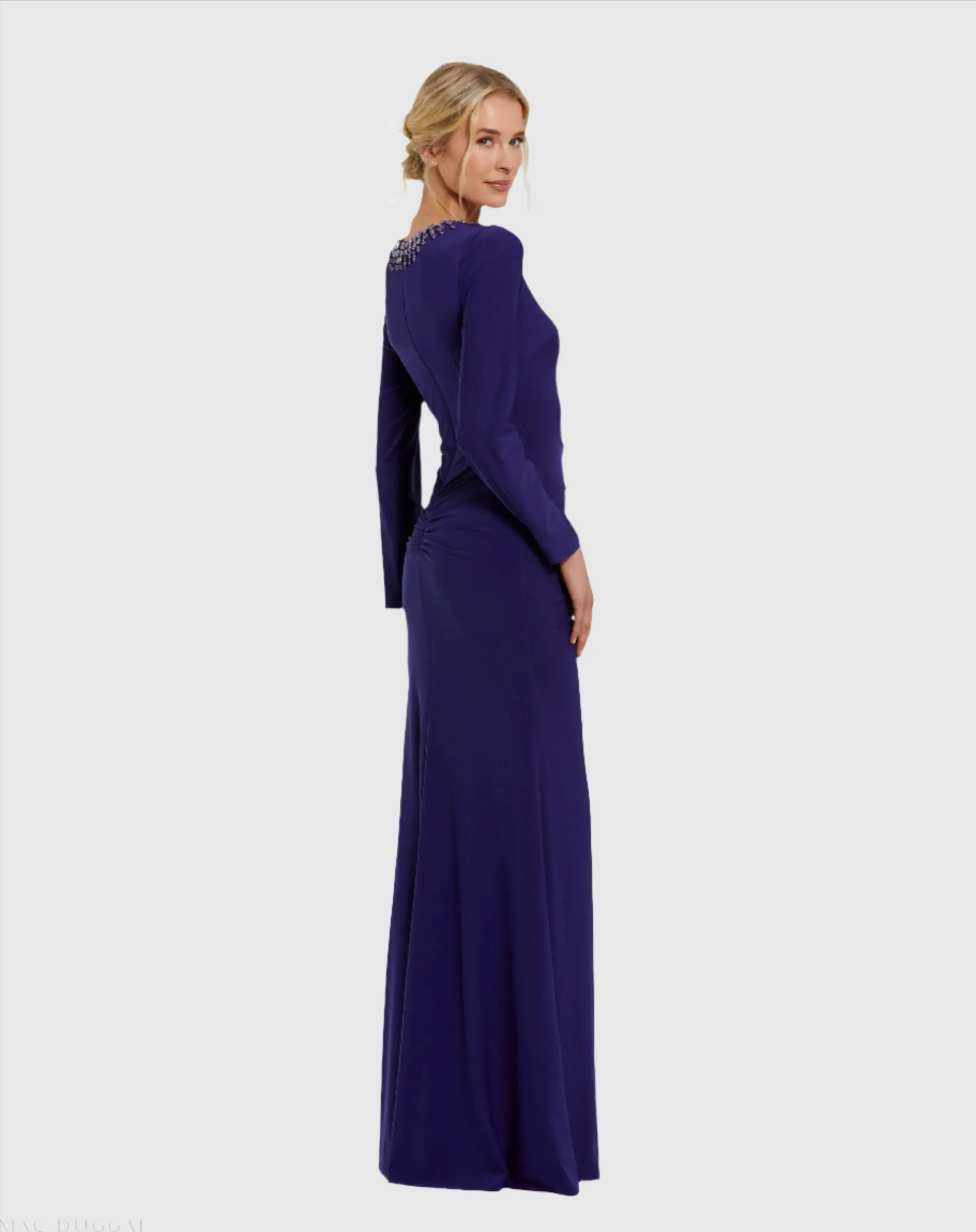 Purple Long Sleeve Jersey Ruched Gown With Beaded Neck - Image 3