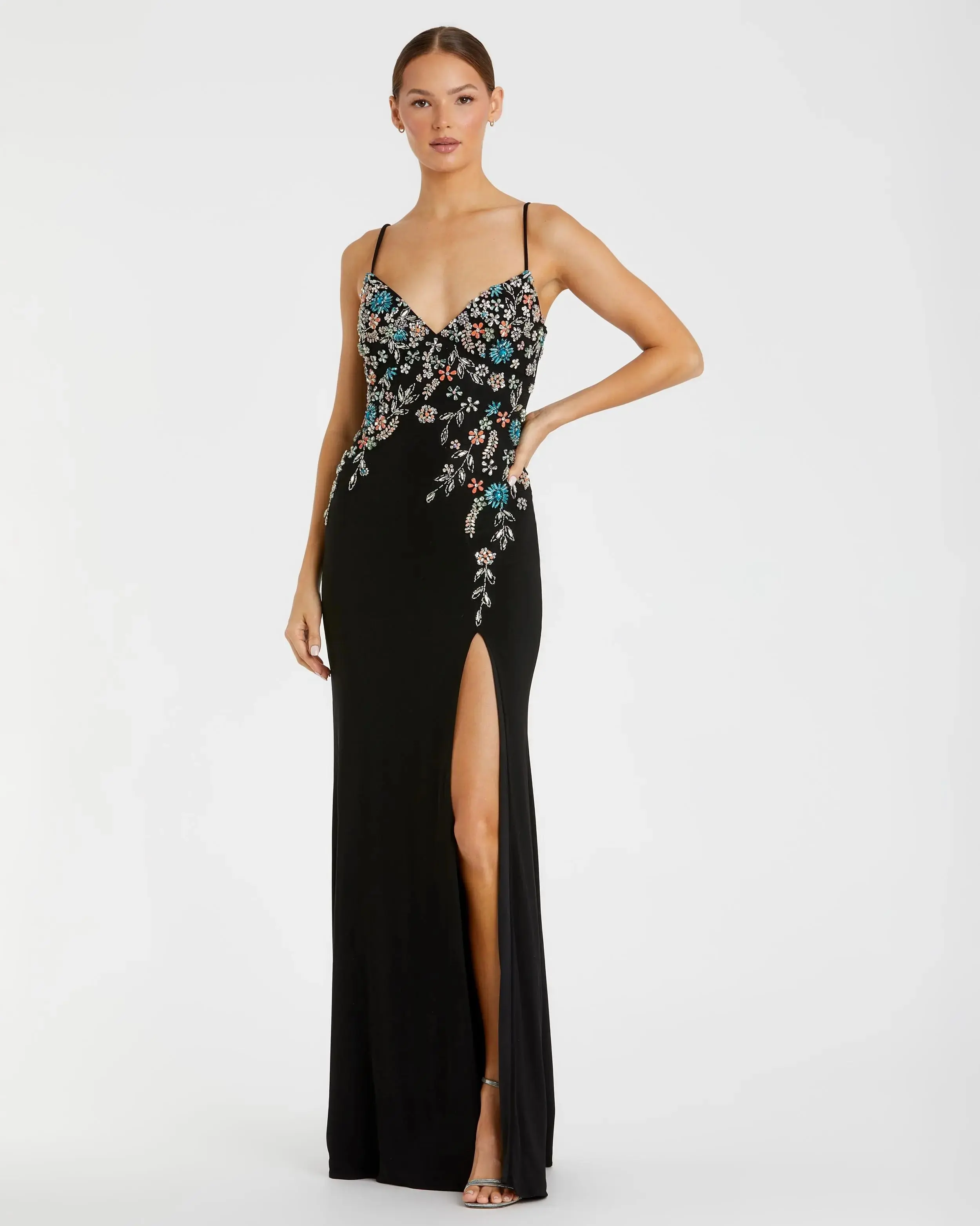 Black Multi Color Beaded Floral Cami Gown - FINAL SALE