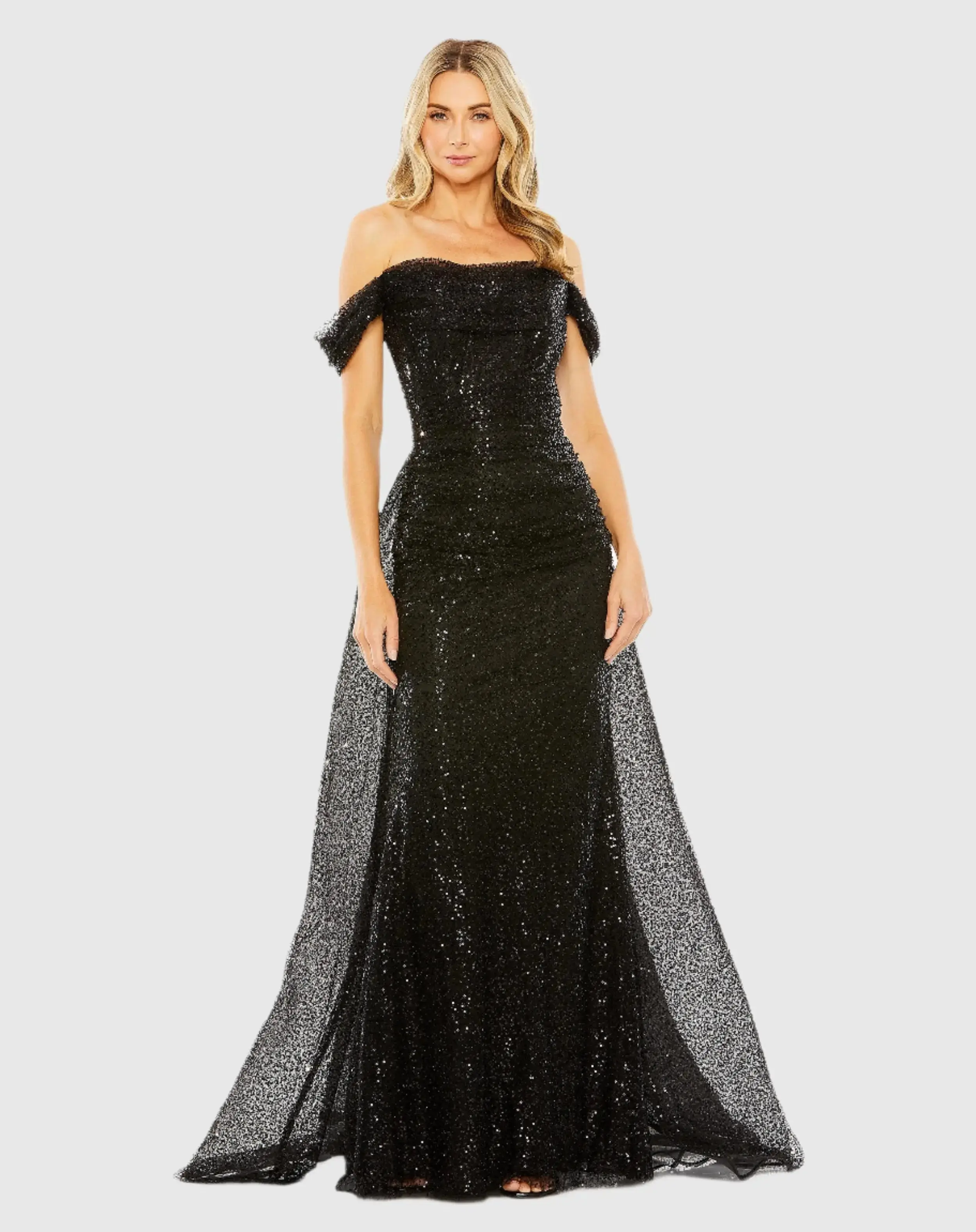 Black Off the Shoulder Sequin Panel Train Gown - FINAL SALE