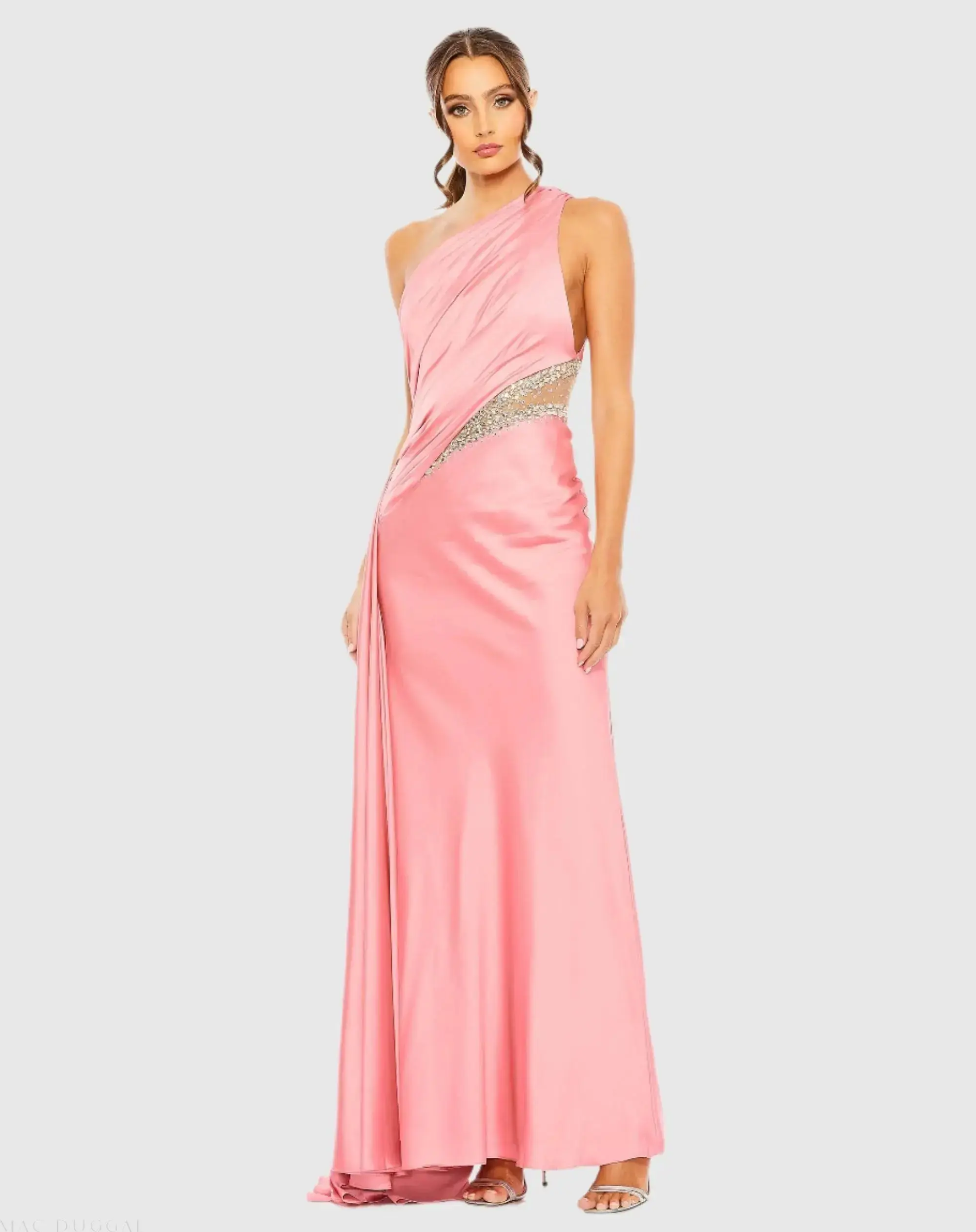Pink One Shoulder Charmeuse Gown With Beaded Cutout - FINAL SALE