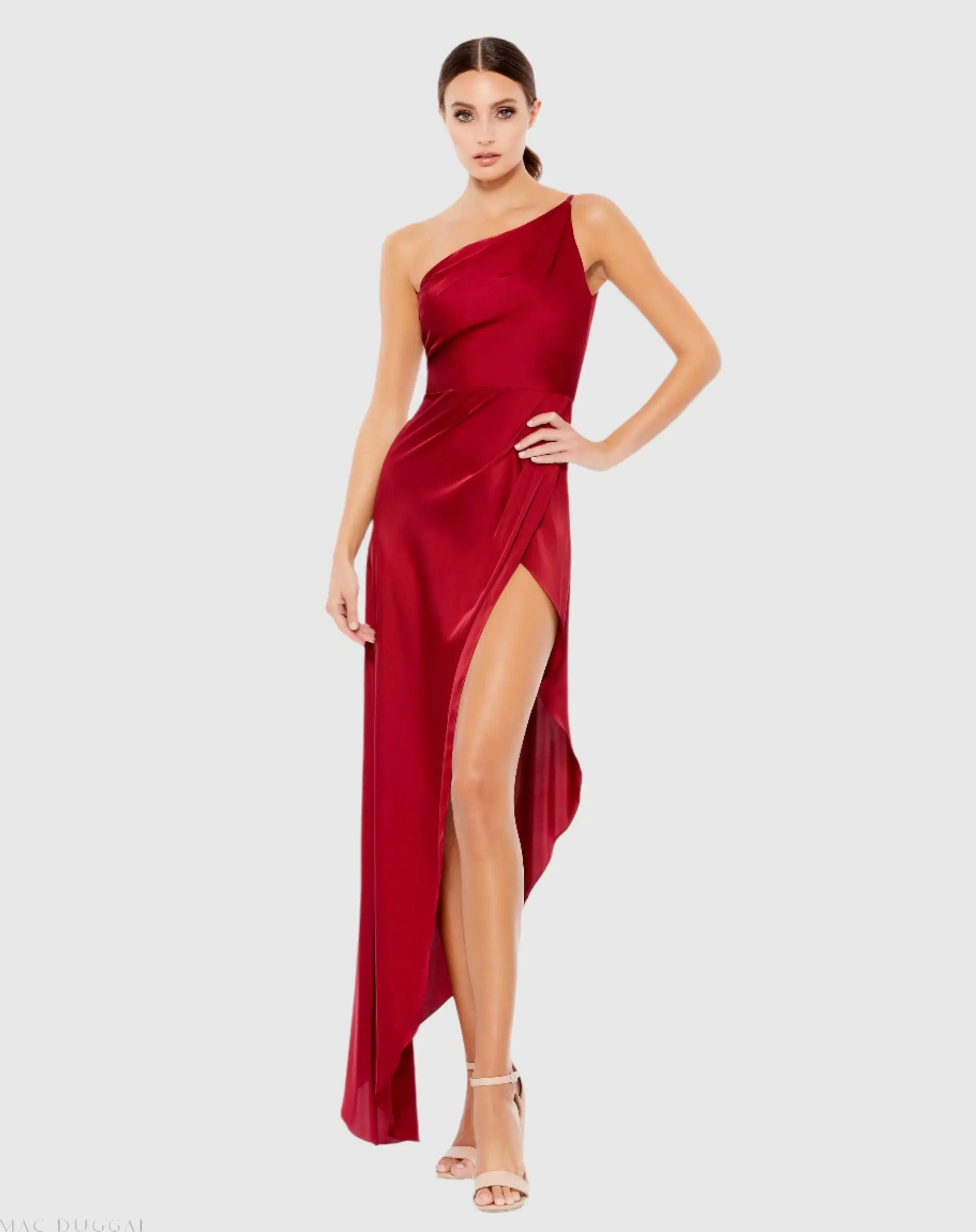 One Shoulder Hi-Low Draped Charmeuse Dress - Image 2