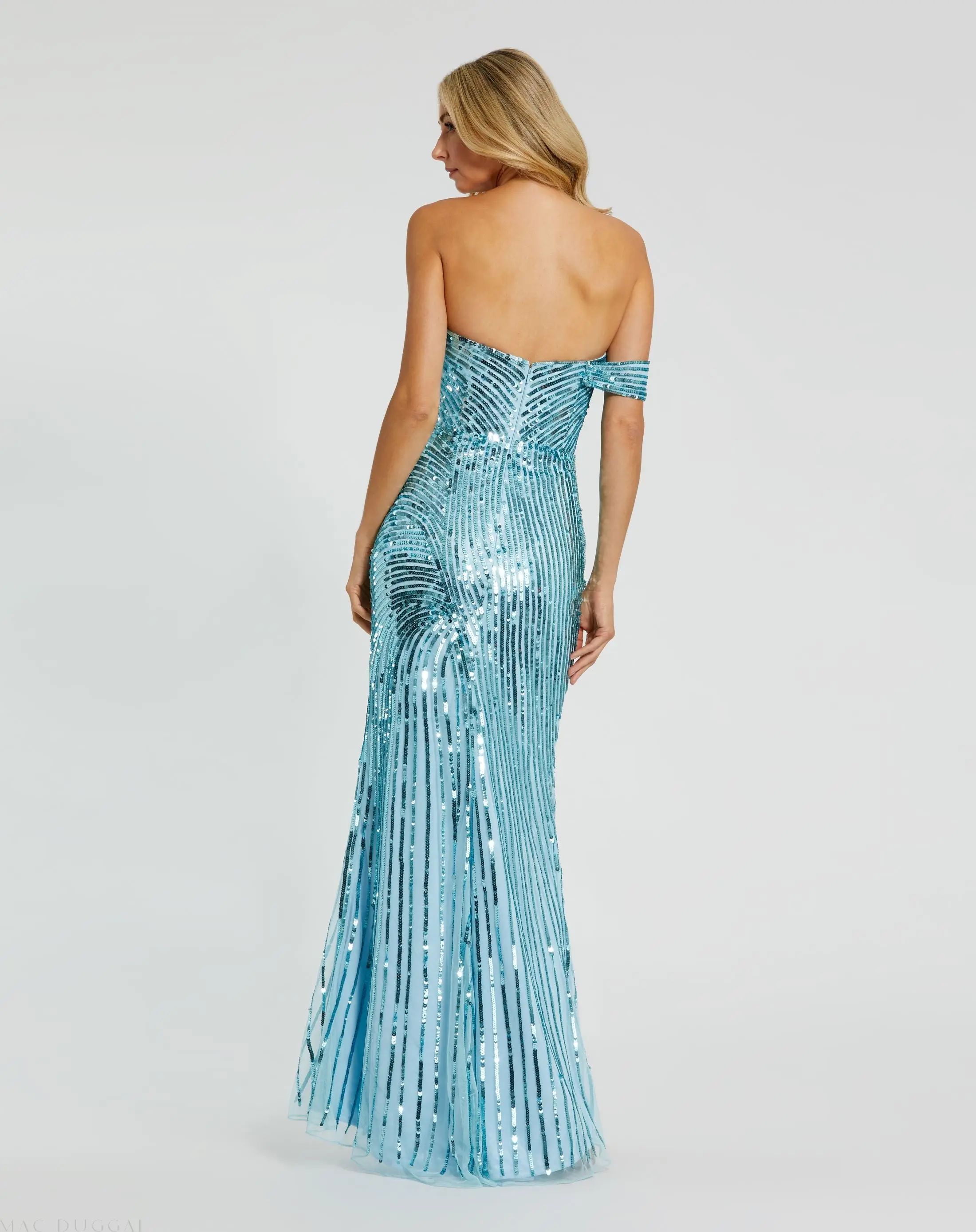 Blue One Shoulder Mesh Sequin Gown With Slit - Image 3