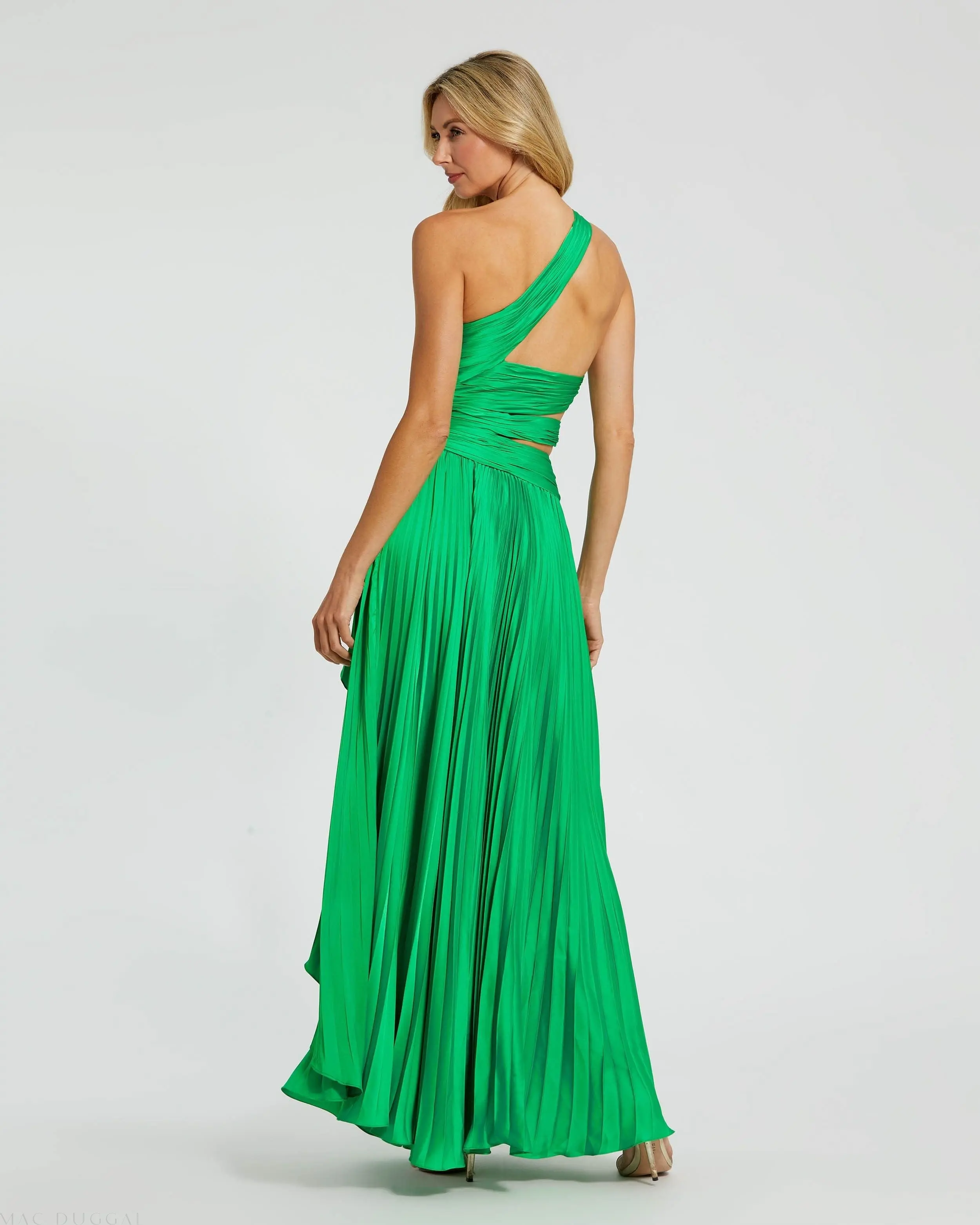 Green One Shoulder Pleated Charmeuse Gown with Slit - Image 3
