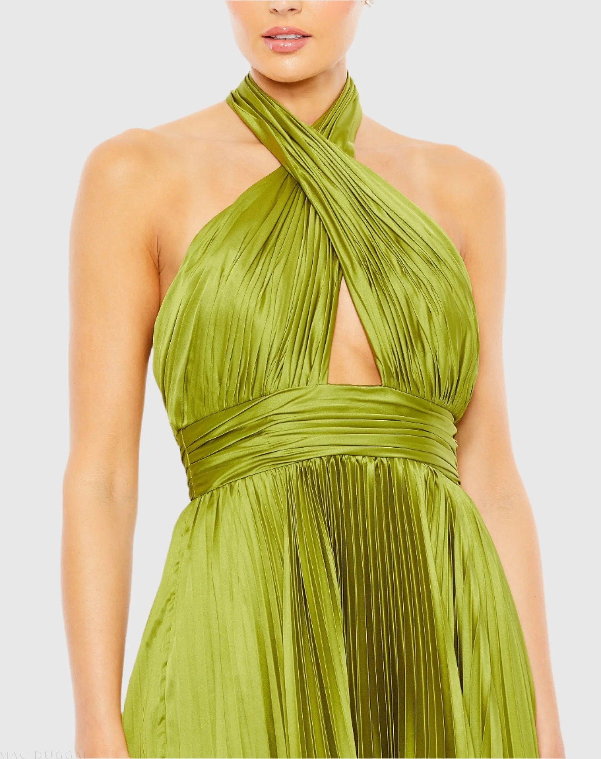 Green Pleated Halter Neck Asymmetrical Hem Gown - Image 2